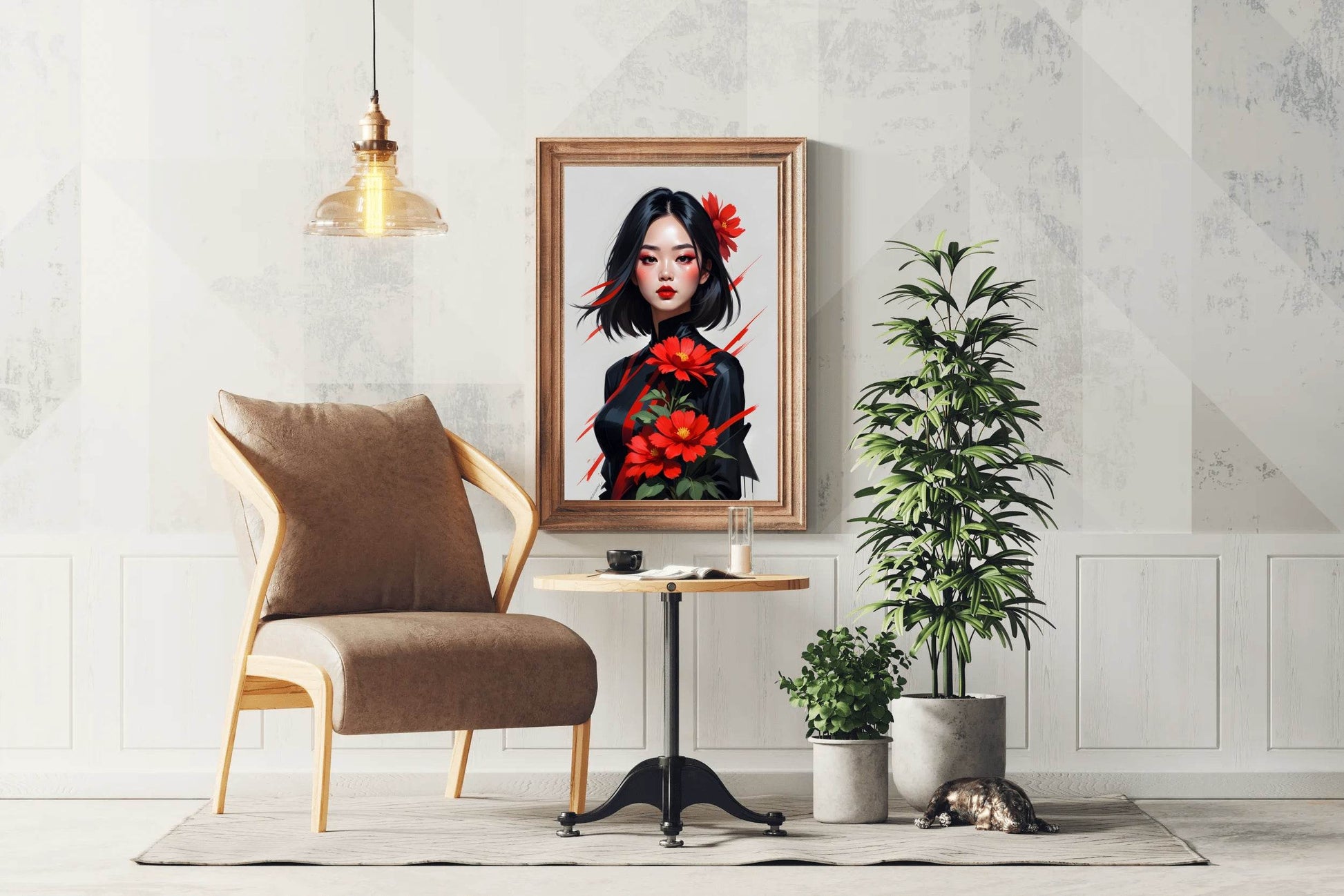 Asian Style lady with Red Flower Wall Art - beink online art store