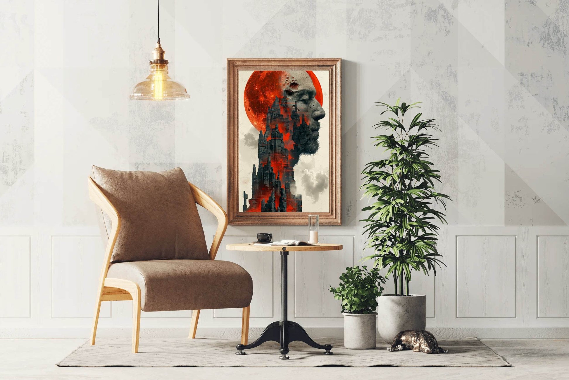 Gothic Cityscape With Face and Red Moon Digital Art - beink online art store