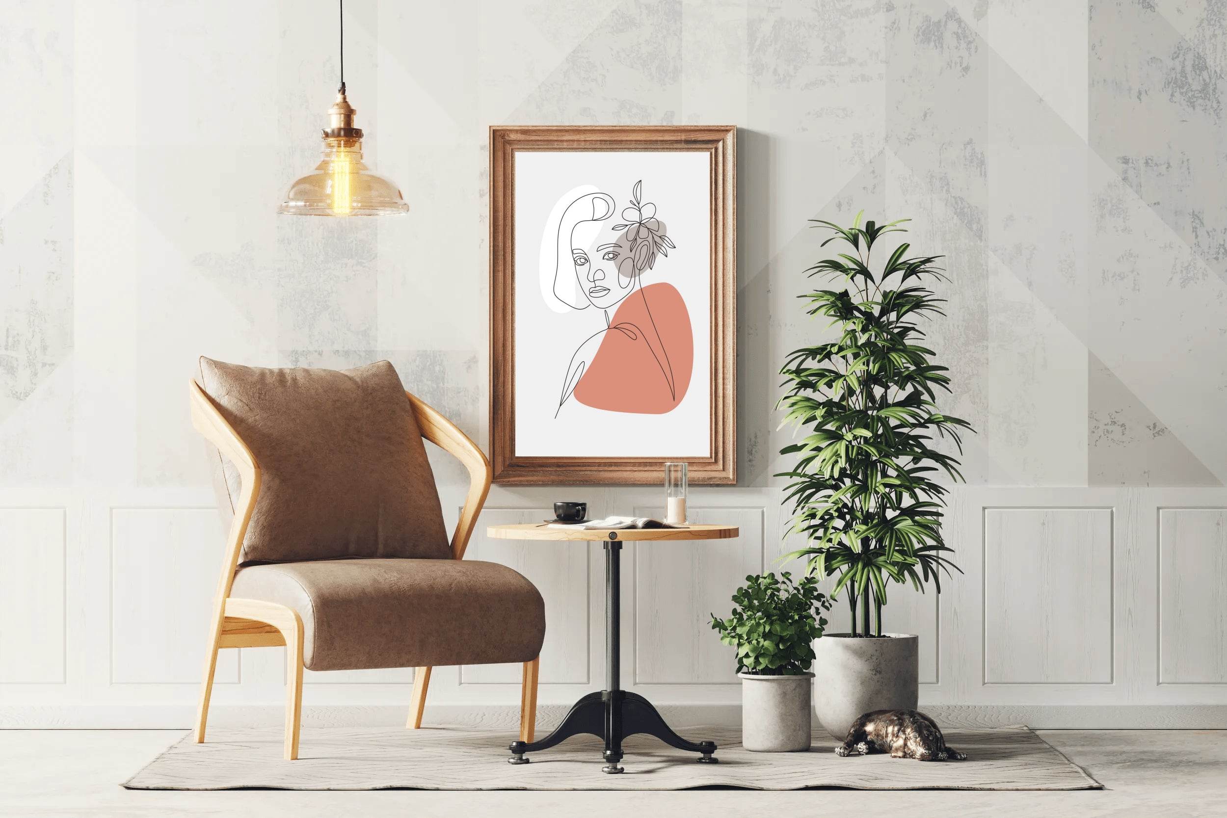 Beautiful Woman and Minimally Drawn Flowers Wall Art - beink online art store