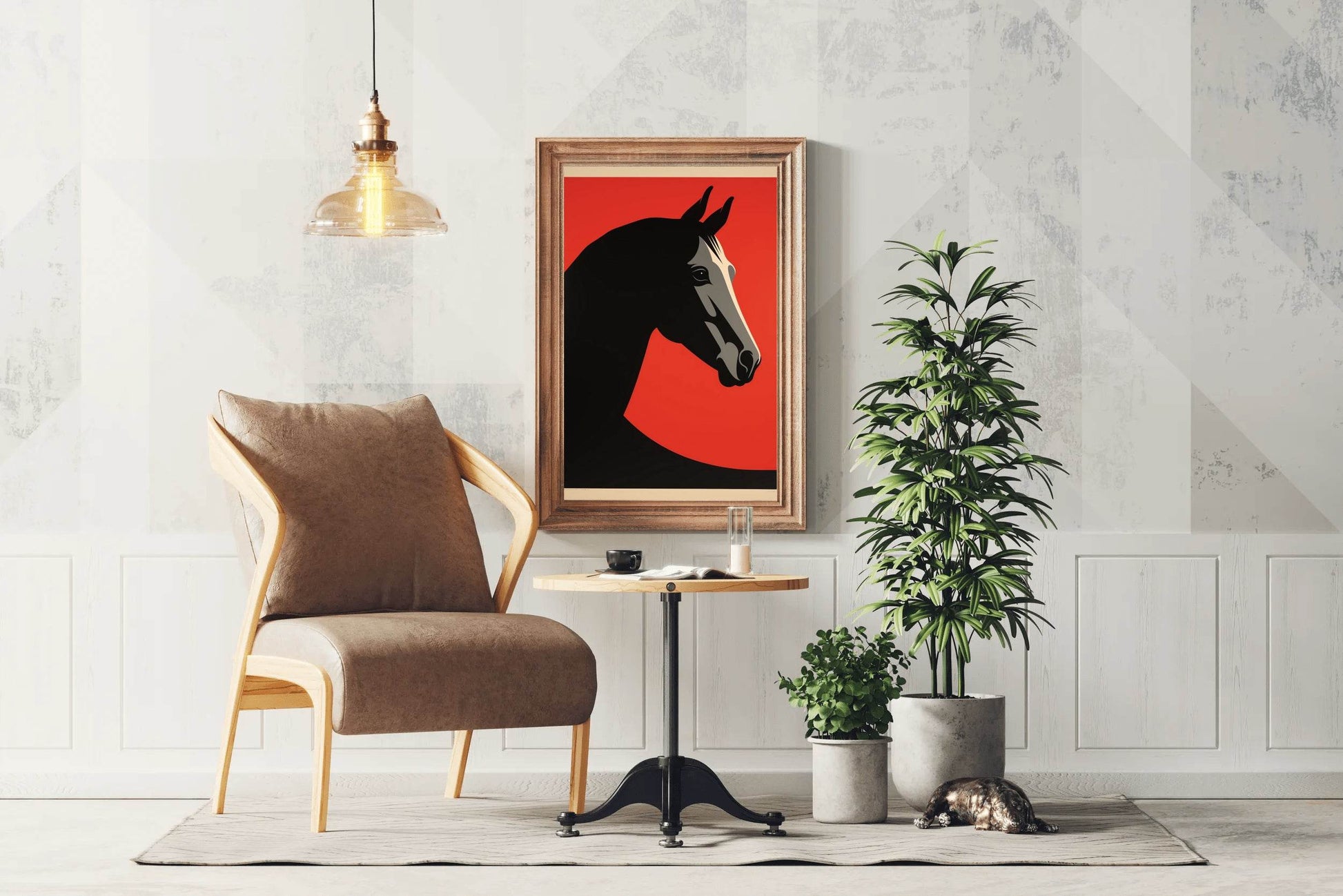 Black Horse Painted Drawing With Red Background - beink online art store