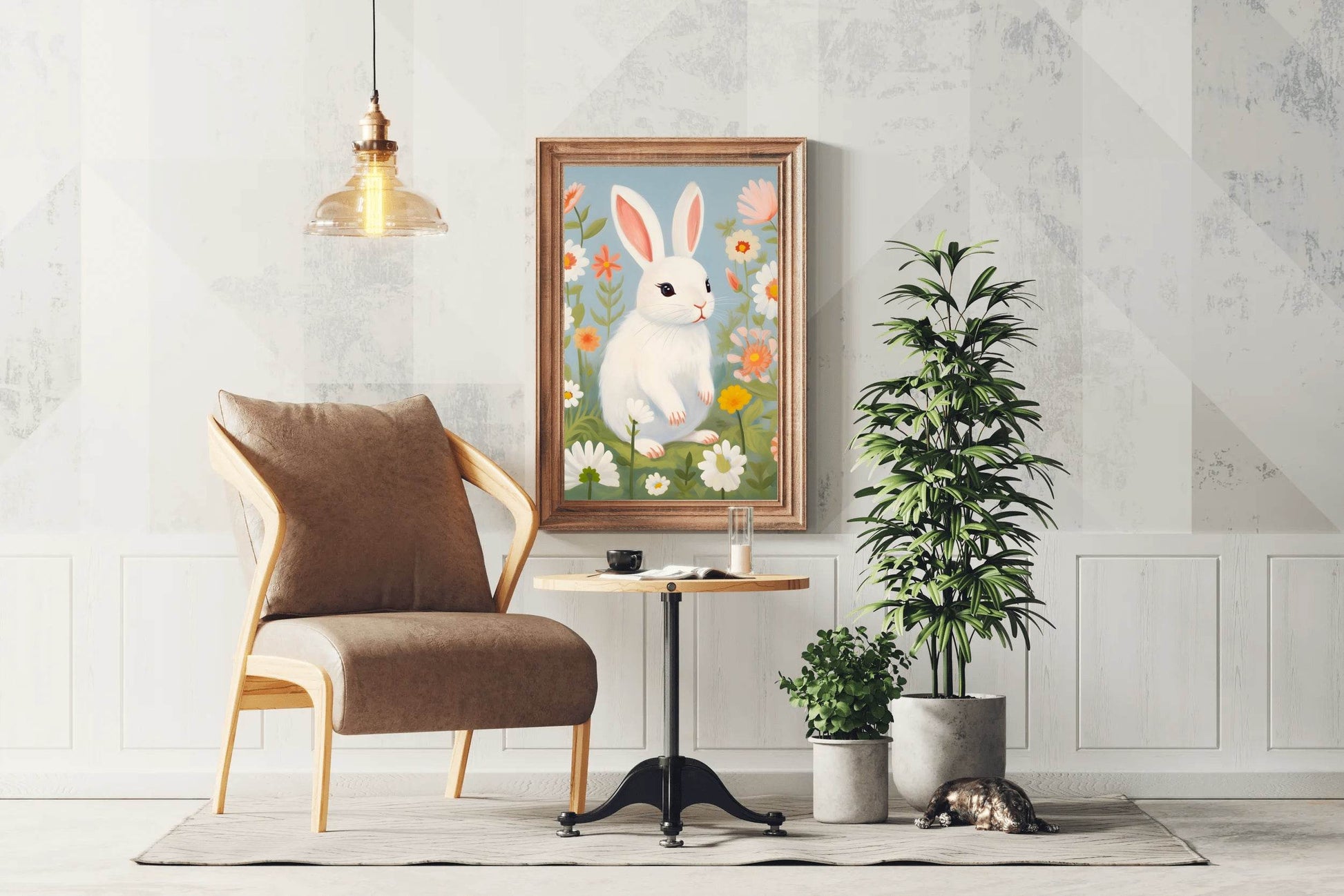 White Bunny Sitting Among Flowers - beink online art store