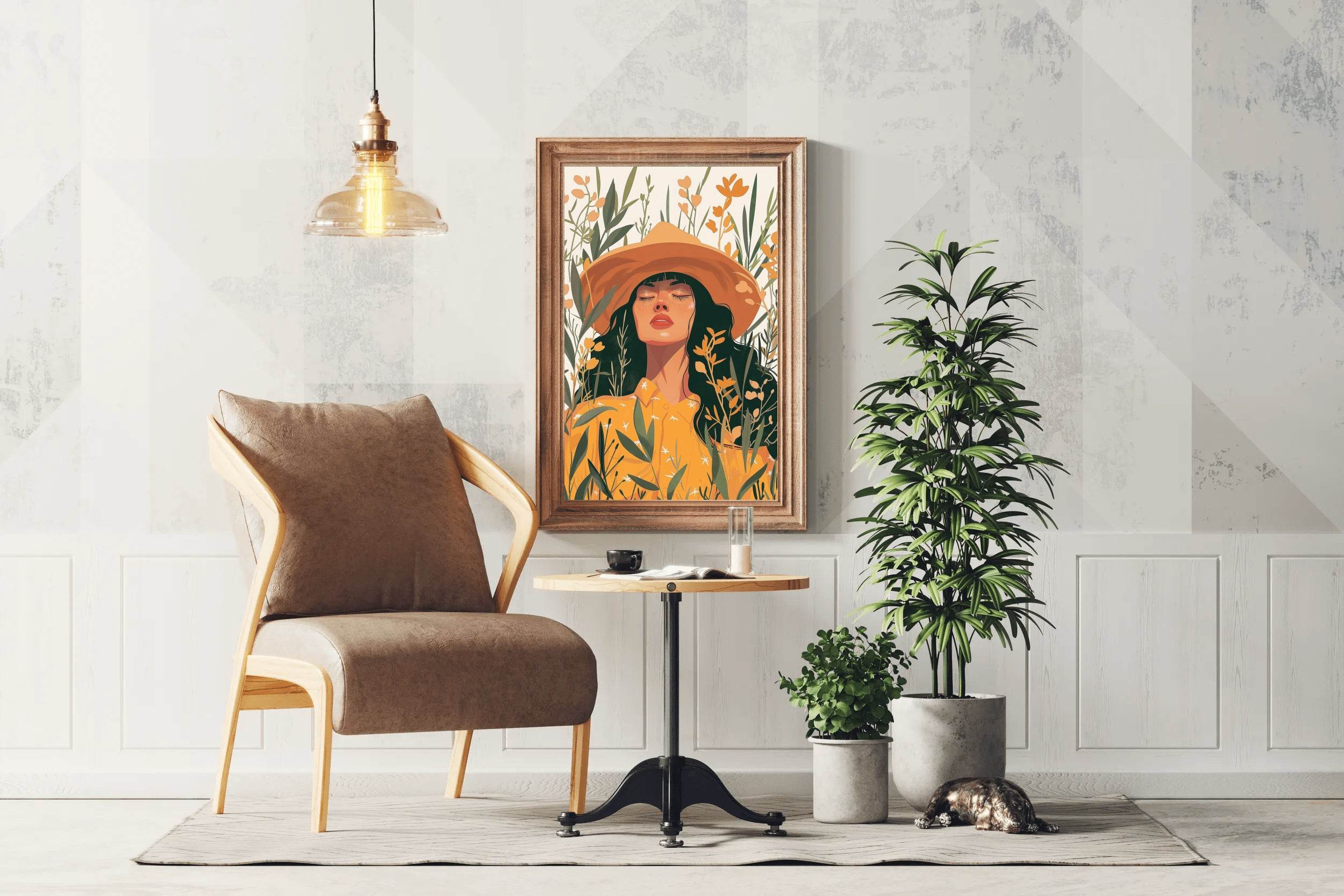 Woman in Yellow Dress and Hat in a Tropical Forest Eyes closed ArtWork - beink online art store