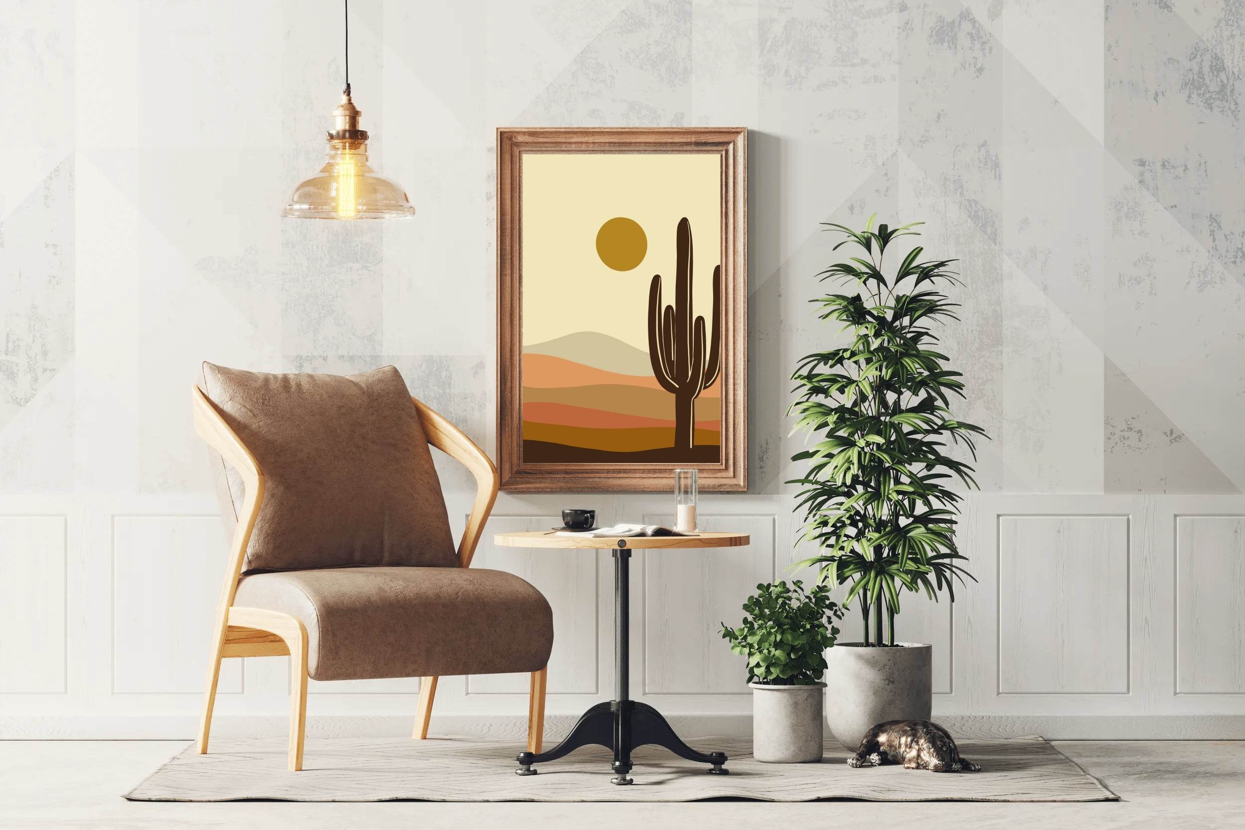 Stylized Desert Landscape with Cactus and Sun ArtWork - beink online art store