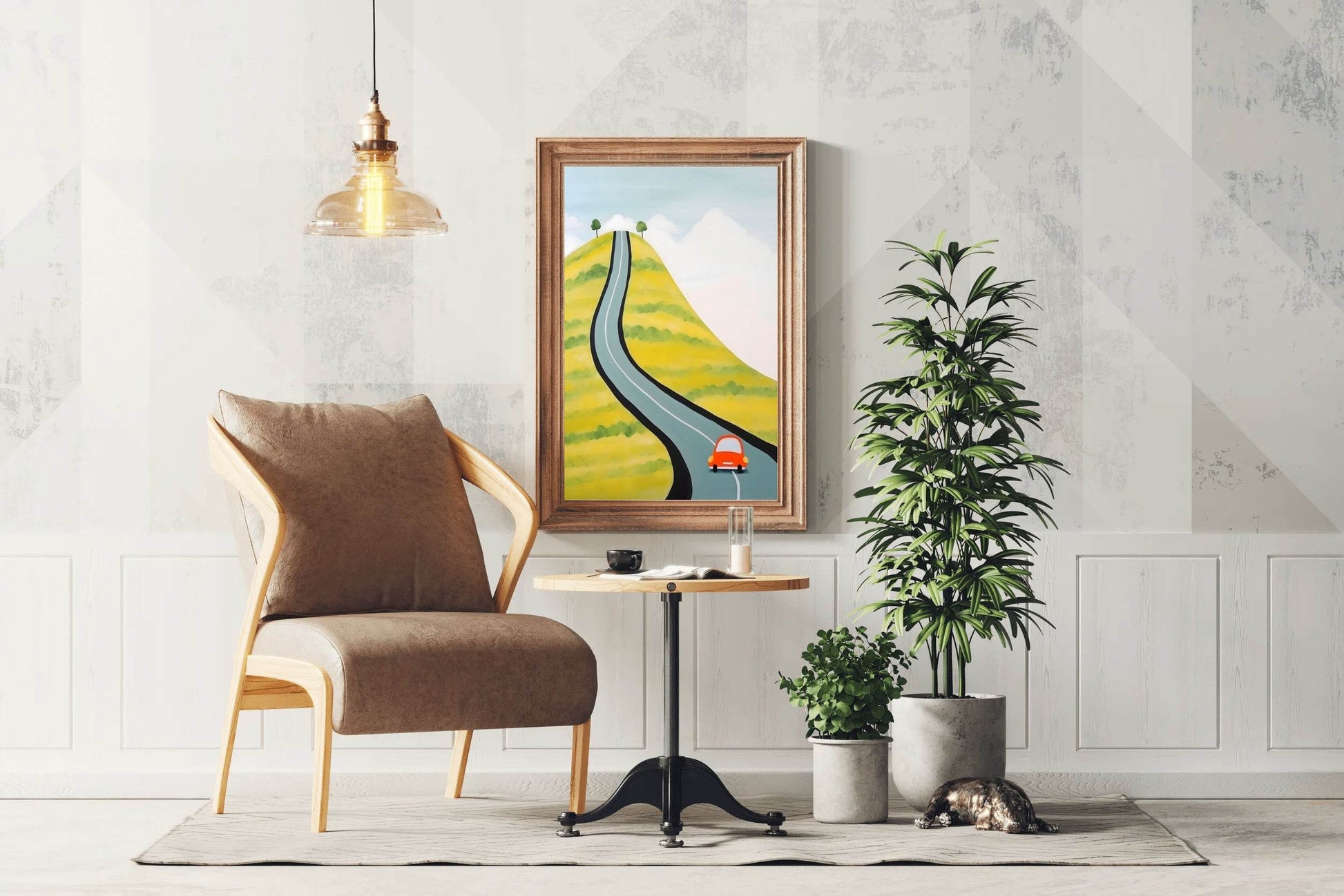Drawing of a Car Driving Through the Village - beink online art store