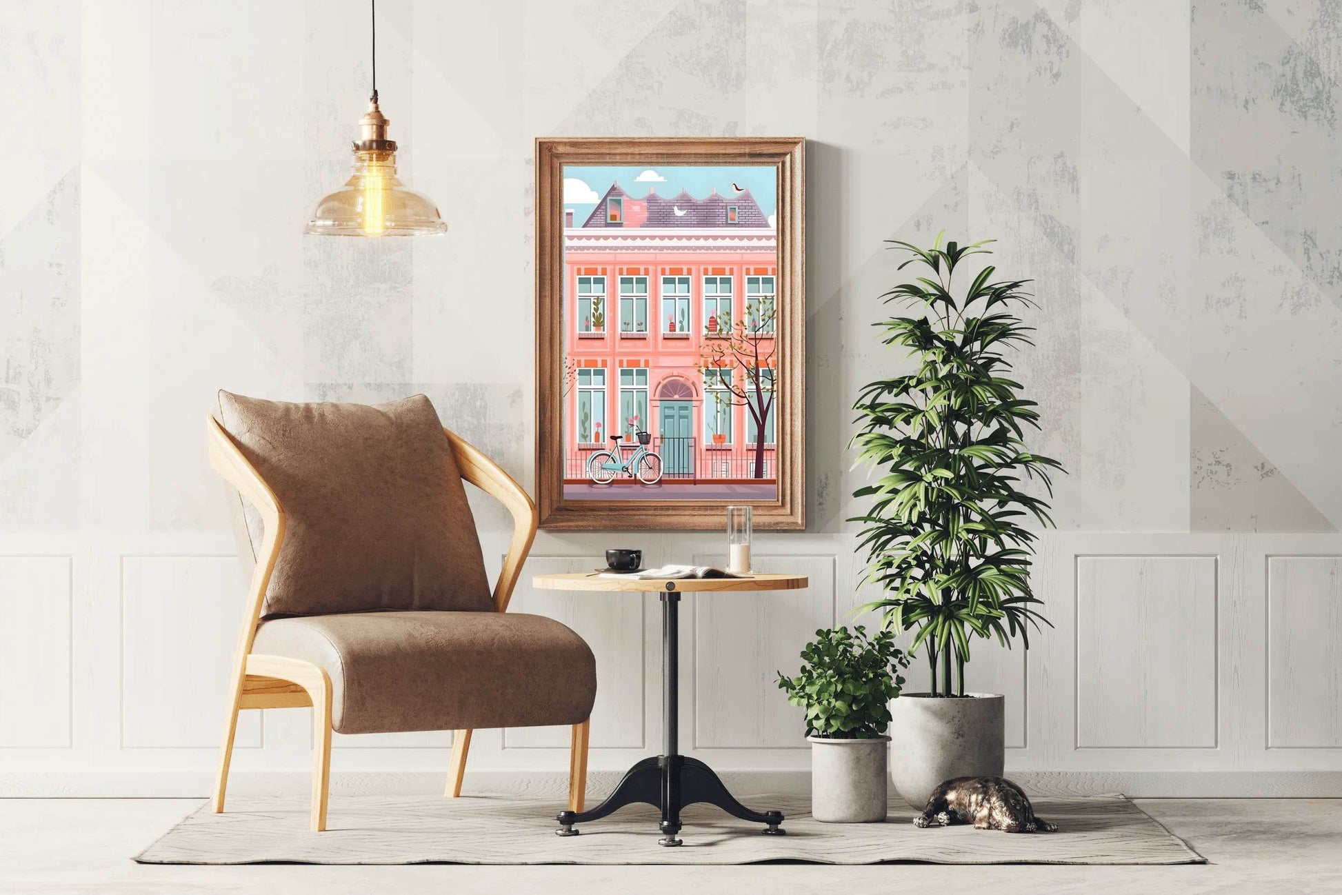 Illustration of Pink House and a Bicycle - beink online art store
