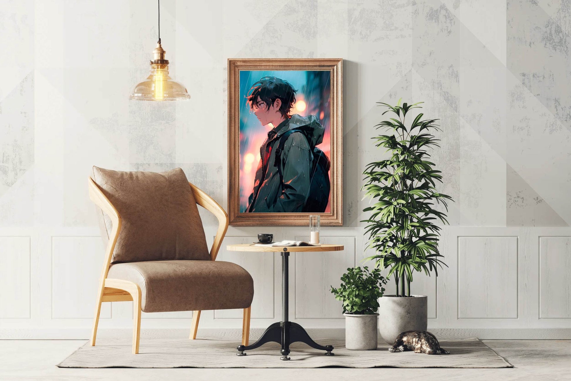Anime Boy with backpack In street In The Rain Anime Wall Art - beink online art store