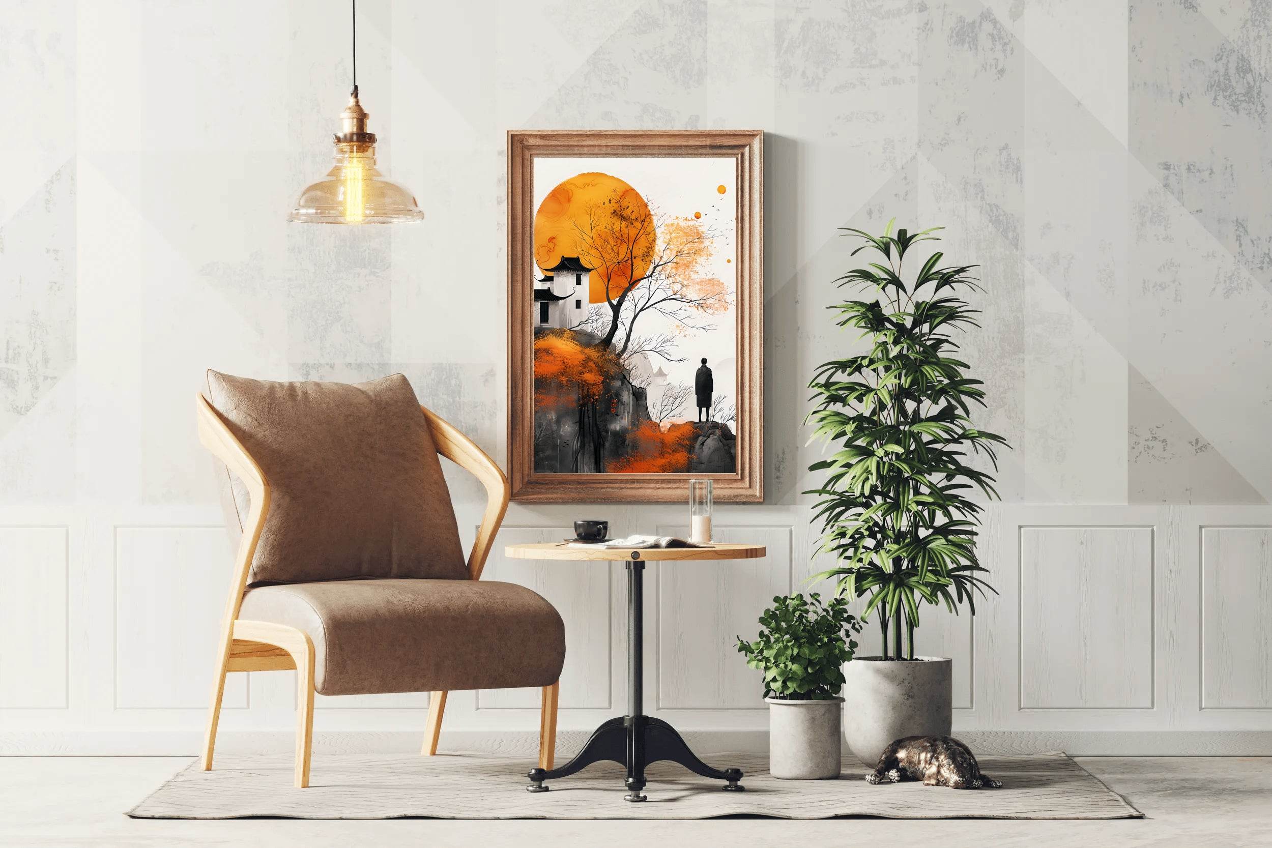 Orange Moon and Ancient House Wall Art - beink online art store