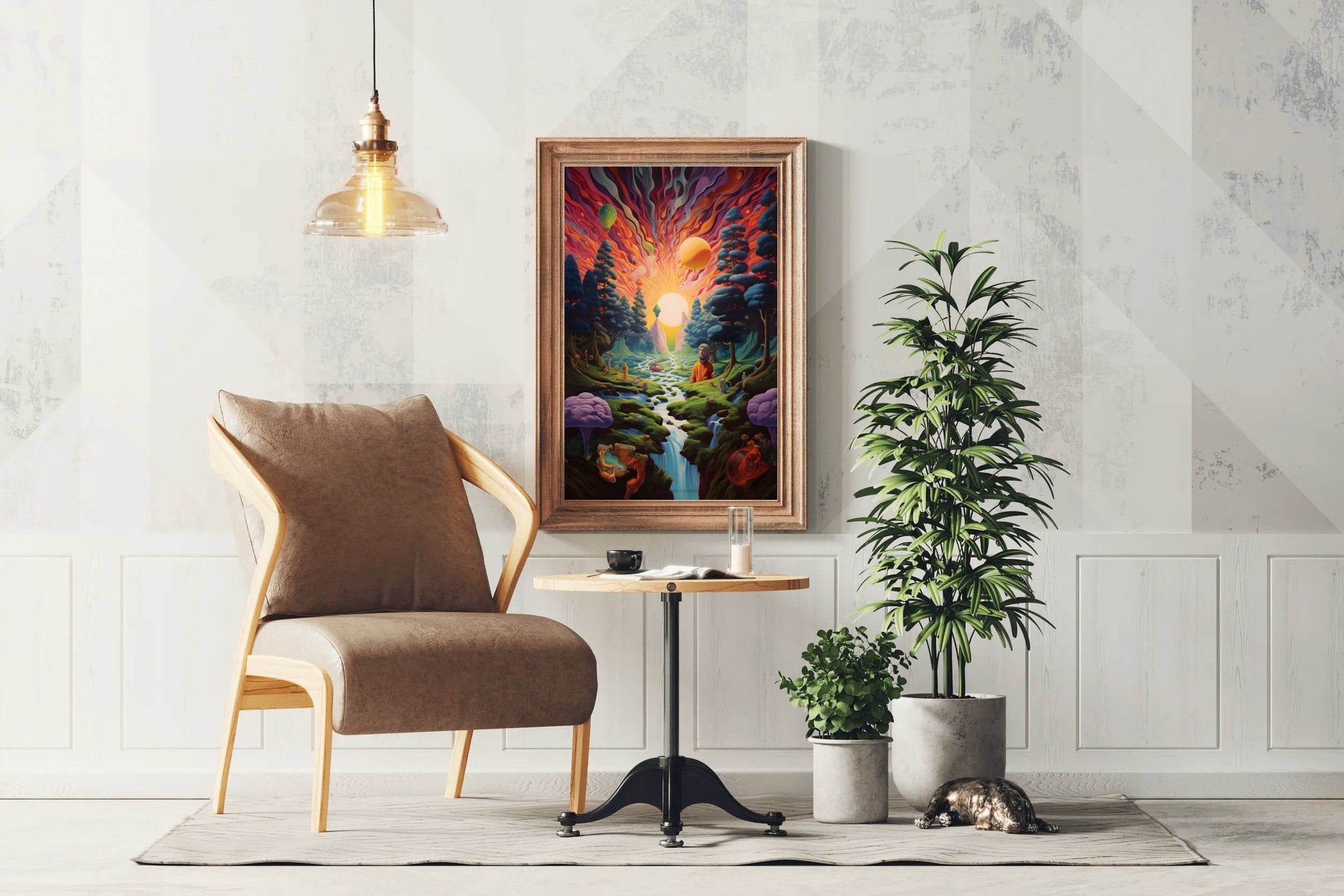 Painting of a Sunset Over a River With a Mountain Wall Art - beink online art store