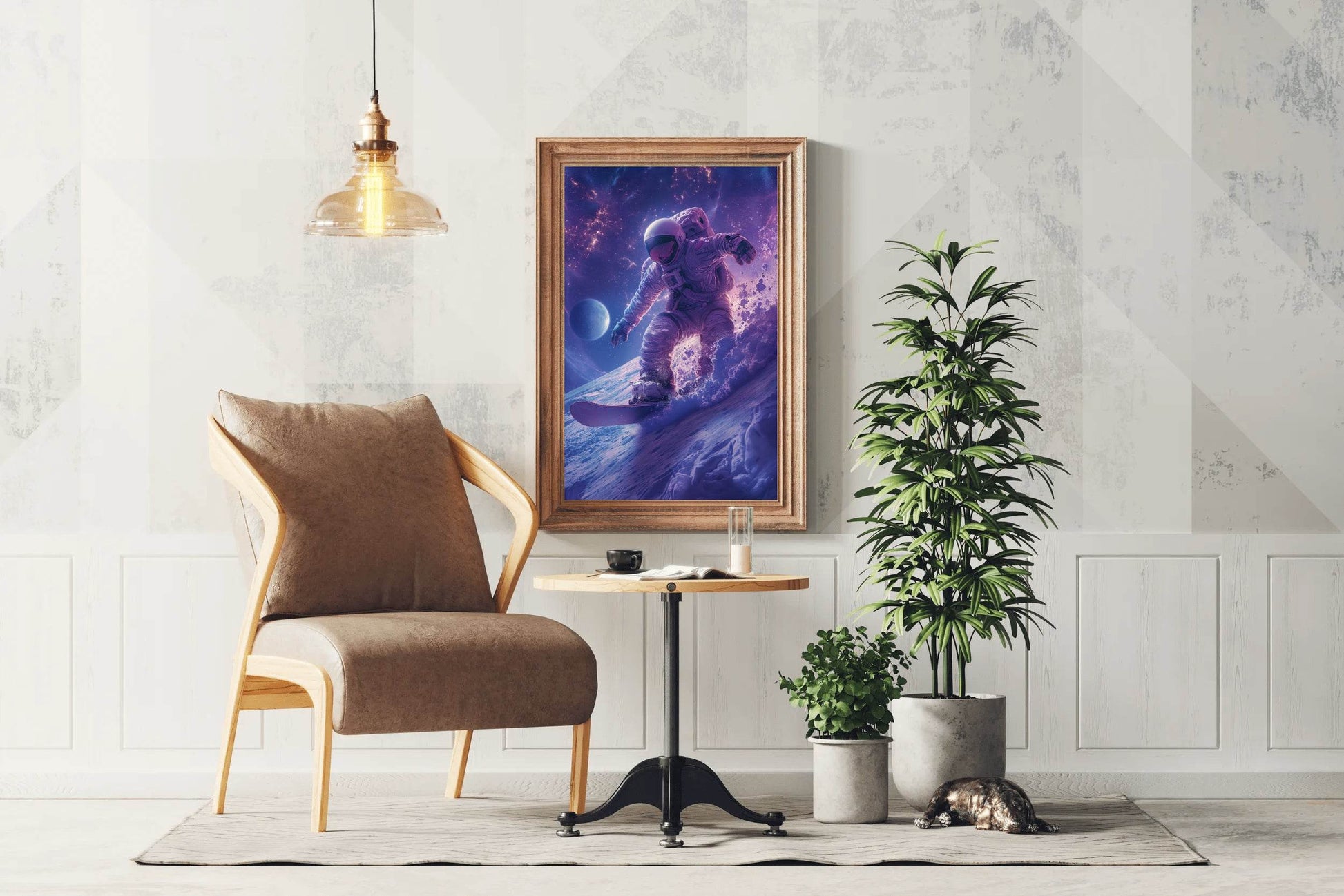 Astronaut with spacesuit on practicing snowboarding on the moon Wall Art - beink online art store