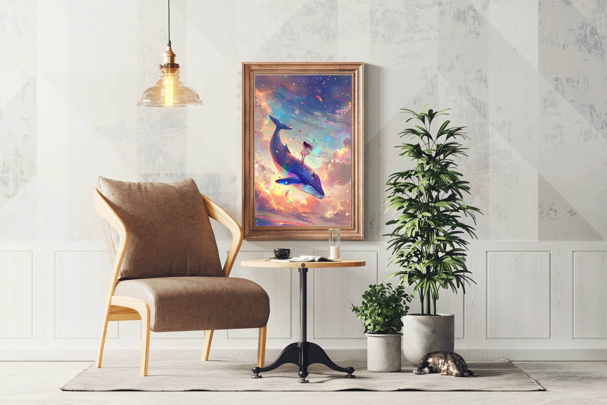 Illustration of a Girl Riding Colorful Whale - beink online art store