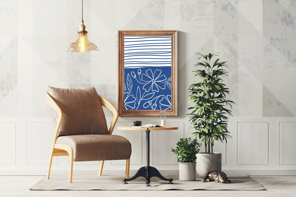 Blue and White Striped Paper With Flowers Wall Art - beink online art store