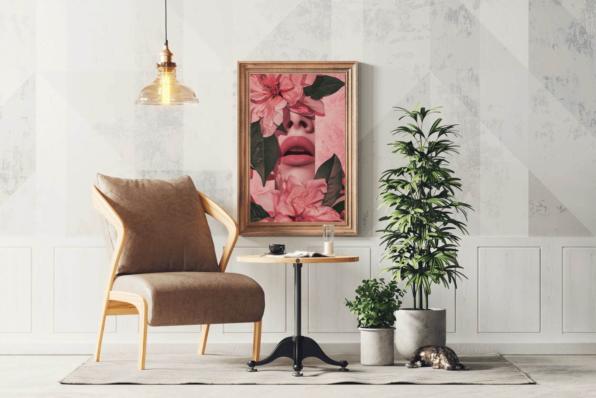 Woman's Face Partially Covered With Pink Flowers - beink online art store