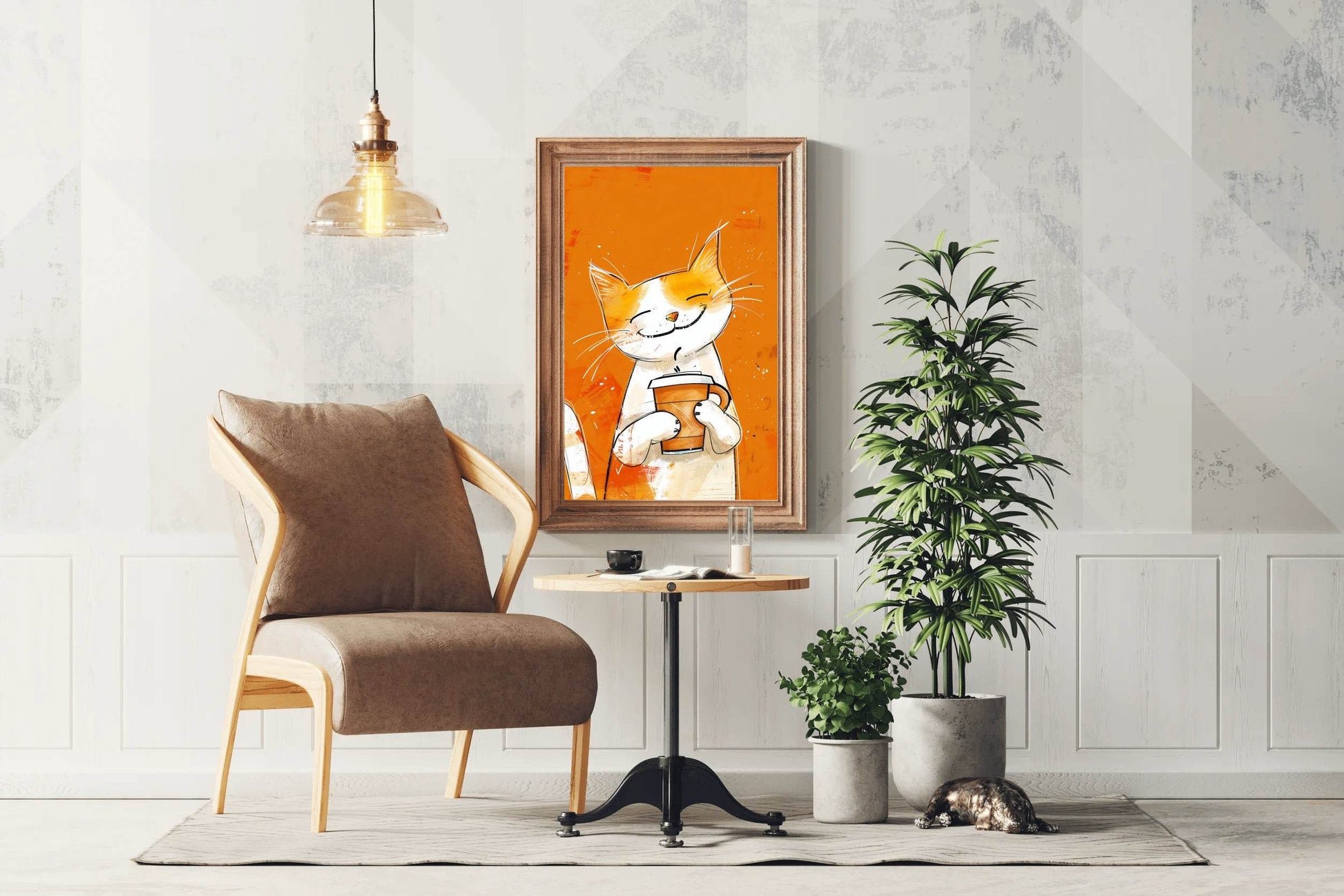 Painting of Cute Smiling Cat Holding Cup - beink online art store