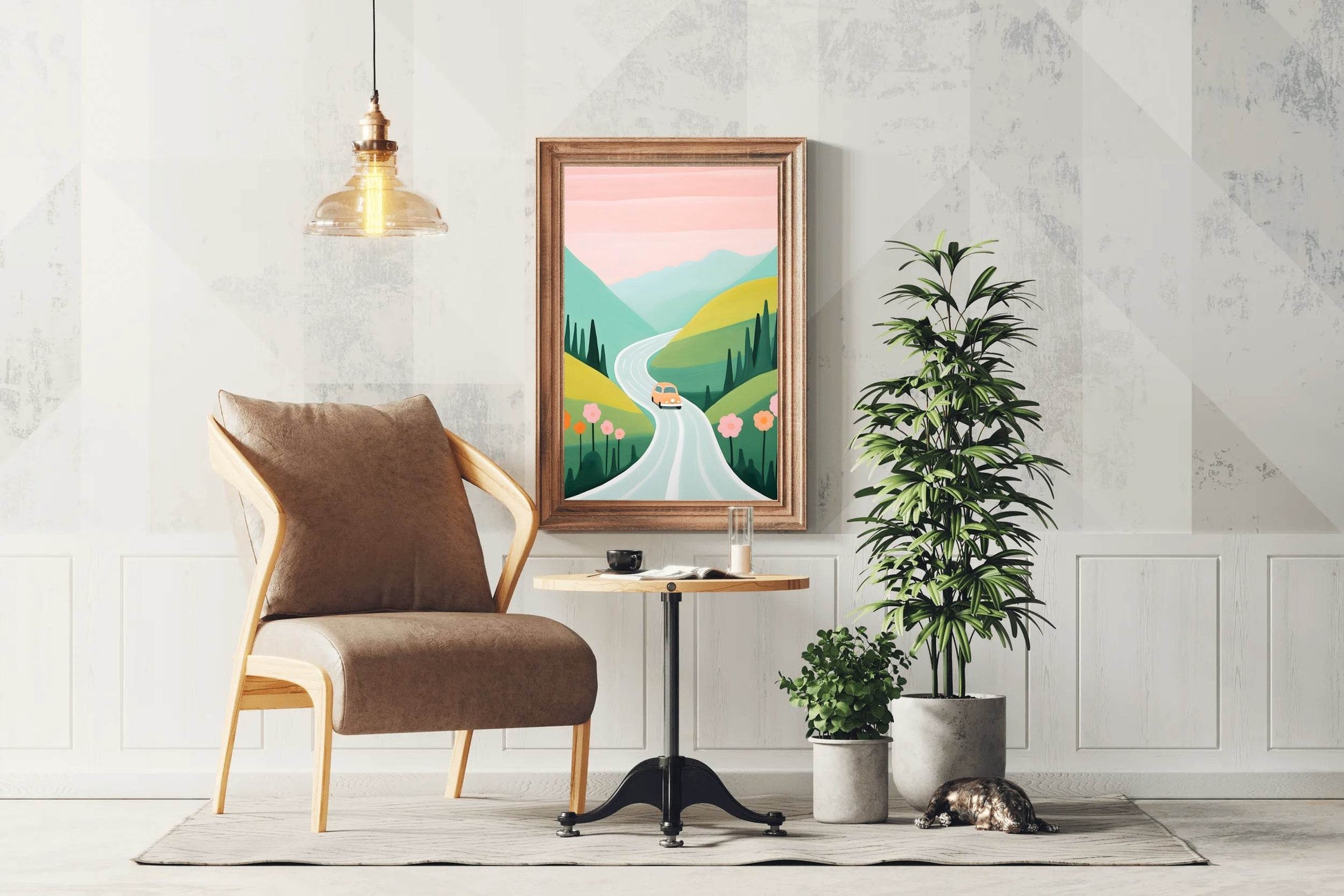 Painting of Pink Car Passing Through the Green Meadows - beink online art store