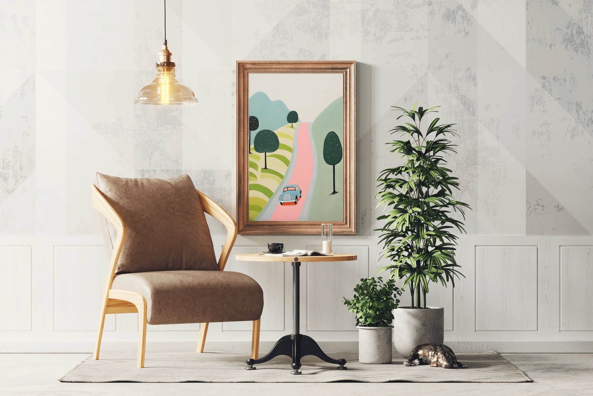 Green Car Passing From a Village - beink online art store