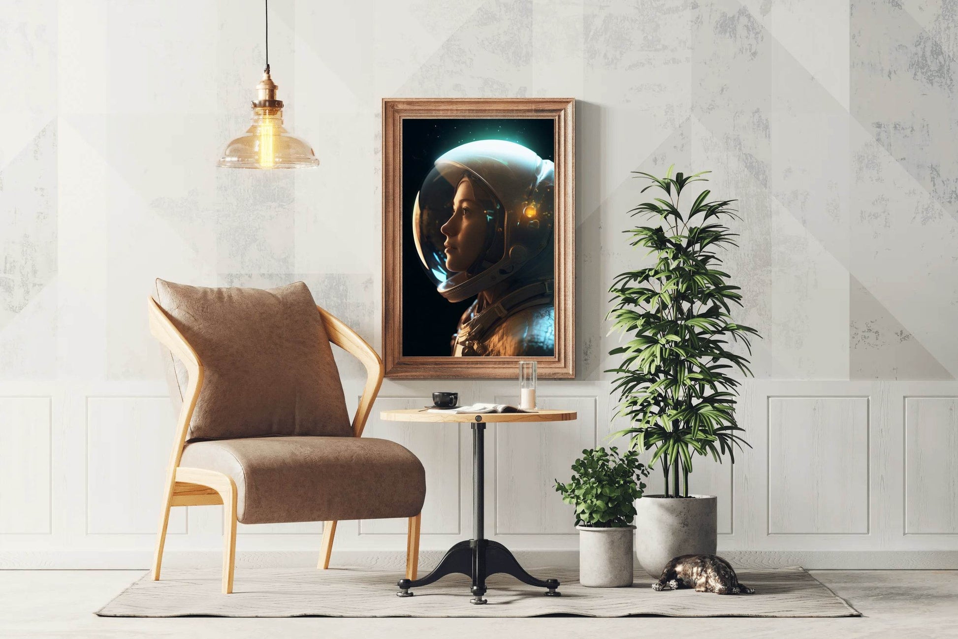 Side view female astronaut wearing spacesuit in space - beink online art store