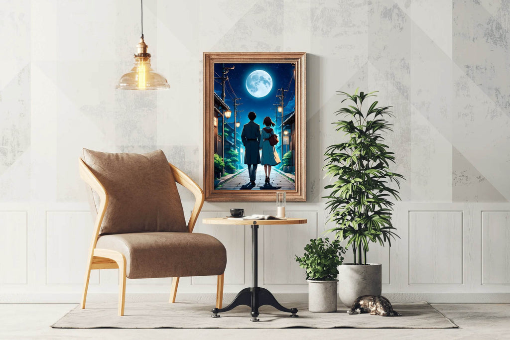 Anime scene of a Man and a Woman Walking Down Under the Moon Anime Wall Art - beink online art store