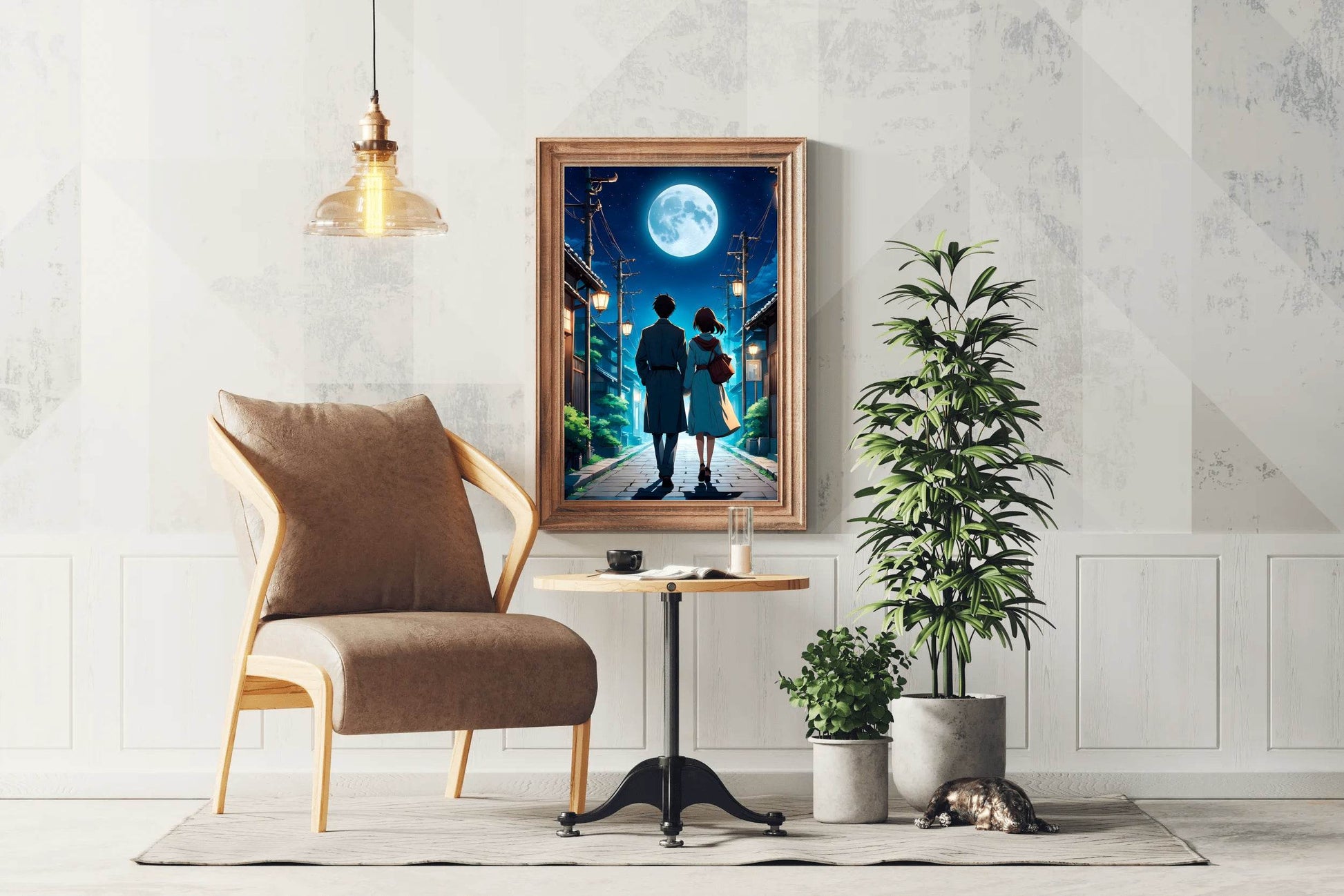 Anime scene of a Man and a Woman Walking Down Under the Moon Anime Wall Art - beink online art store