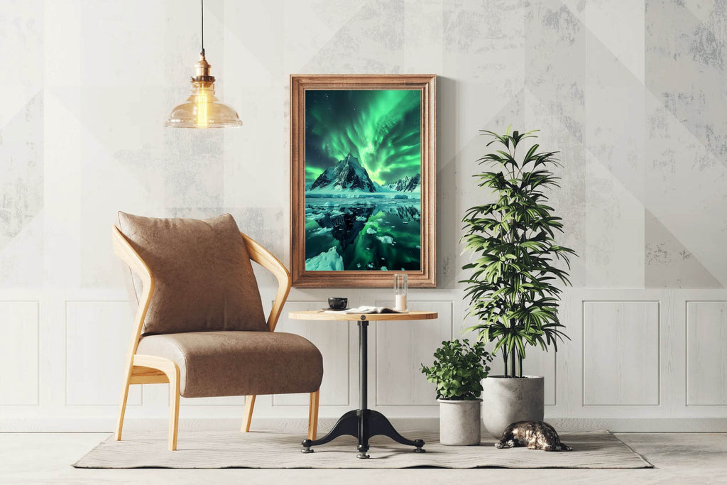Green Northern lights with view ocean - beink online art store