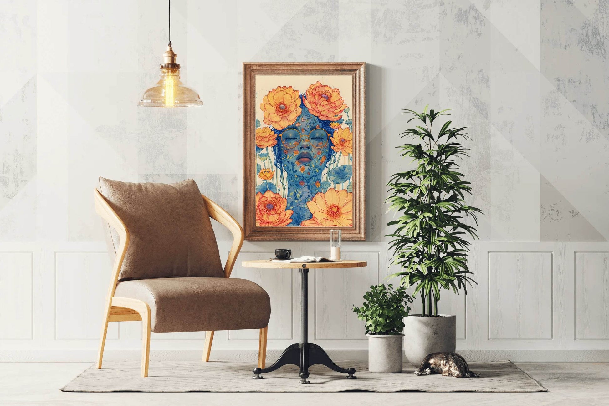 Floral Face of Lady with Orange Blossoms Wall Art - beink online art store