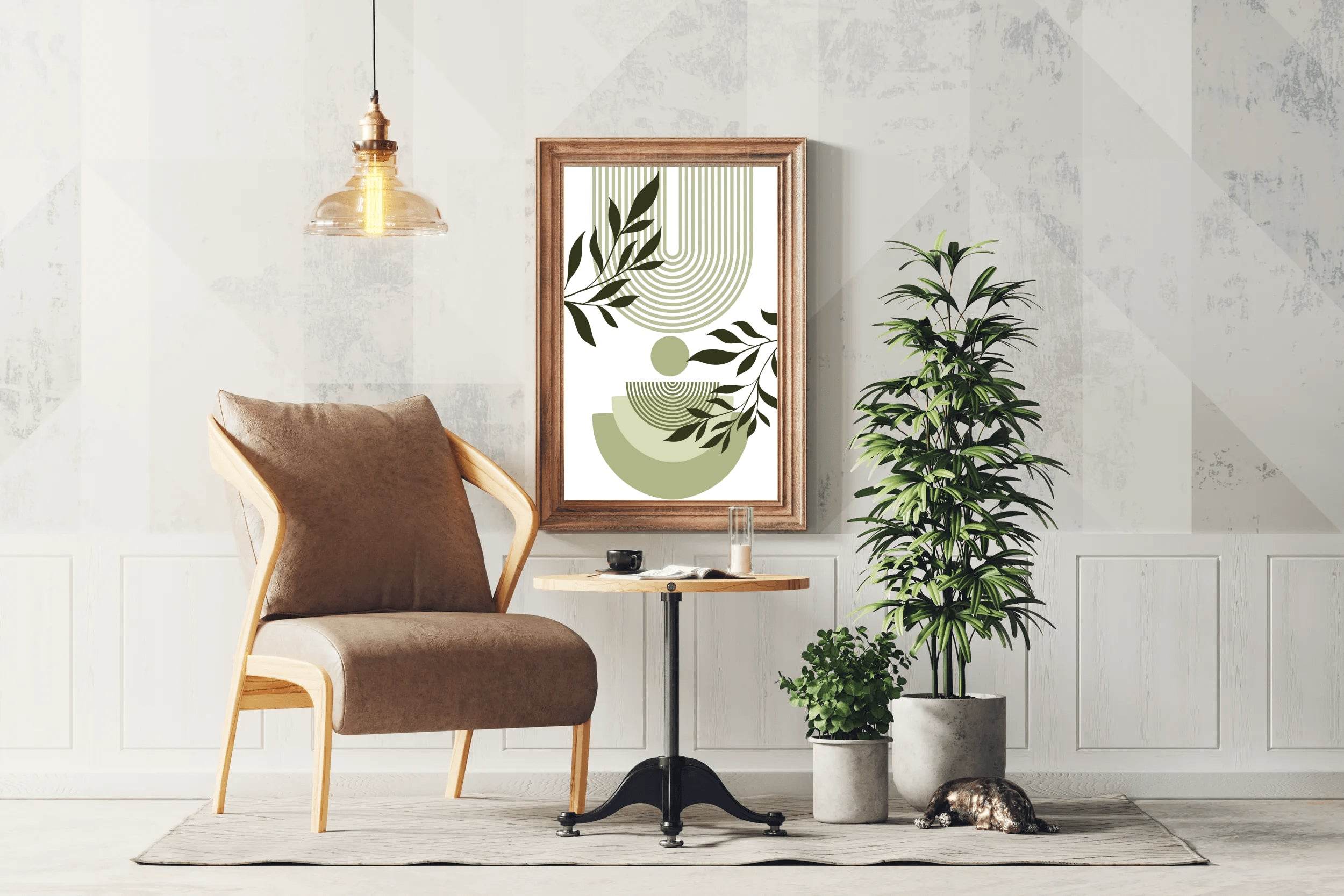Geometric Shapes with Green leaves ArtWork - beink online art store