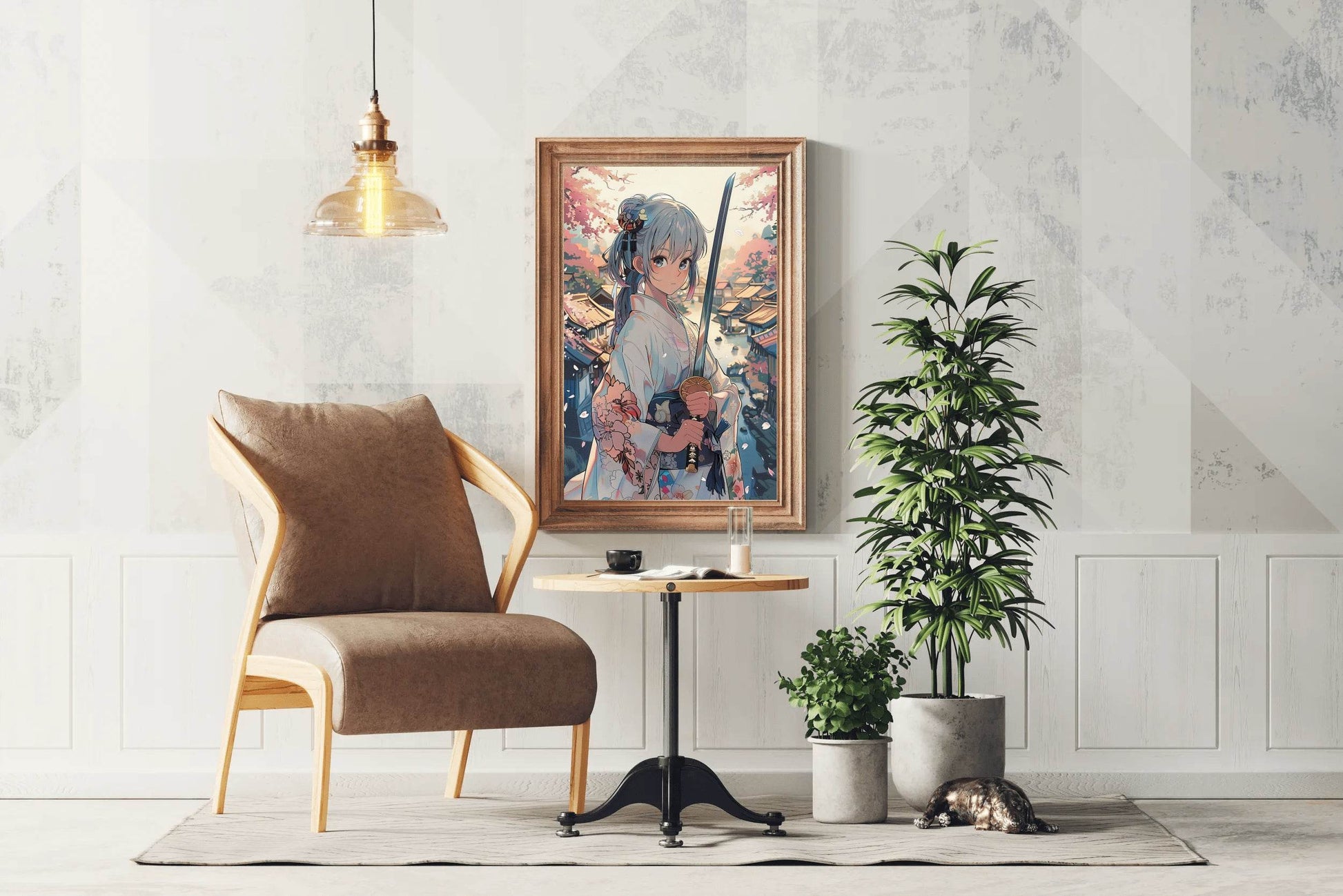 Girl Wearing Kimono Japanese Traditional in Garden Anime Wall Art - beink online art store