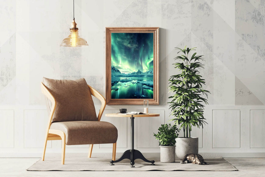 Green Northern Lights in the Sky Over Ice and Snow From lake Wall Art - beink online art store
