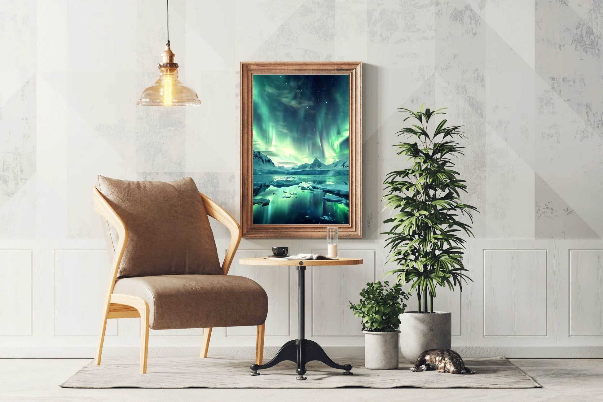 Green Northern Lights in the Sky Over Ice and Snow From lake Wall Art - beink online art store
