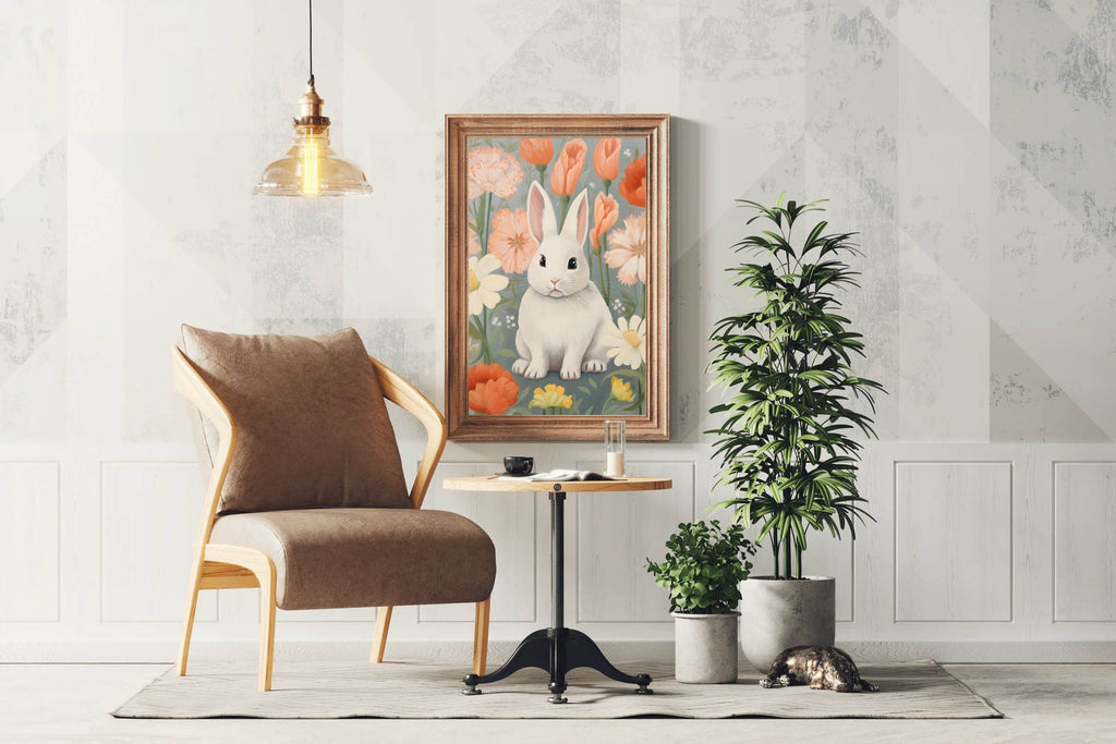 Drawing of Bunny Sitting in Flowers - beink online art store