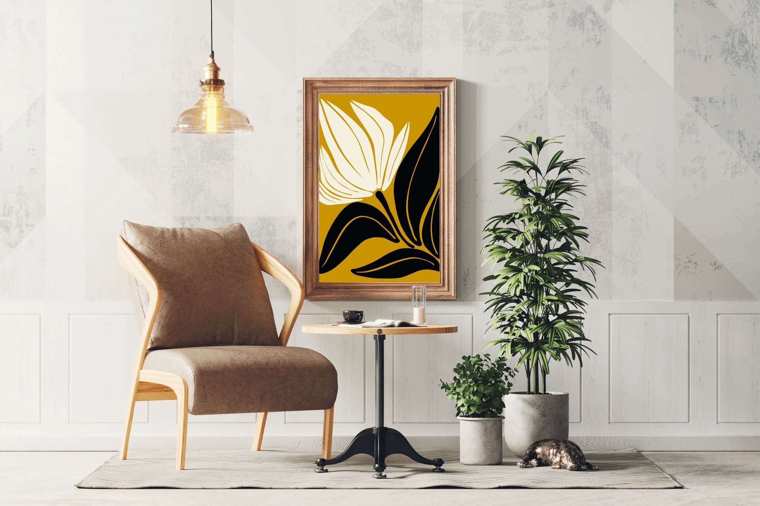 Stylized Flower Black and White on Gold ArtWork - beink online art store