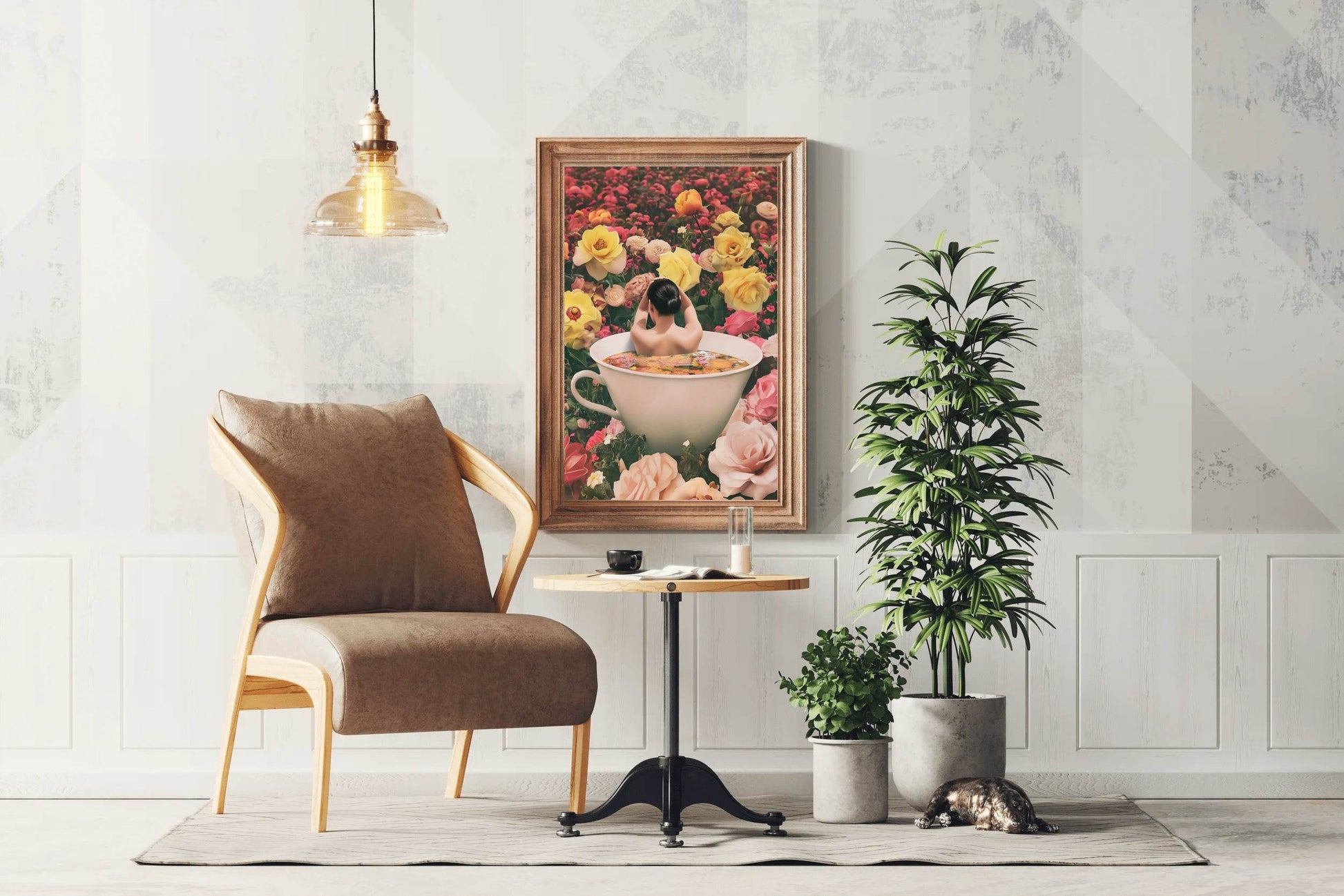 Woman in Tea Cup With Flower Background Wall Art - beink online art store