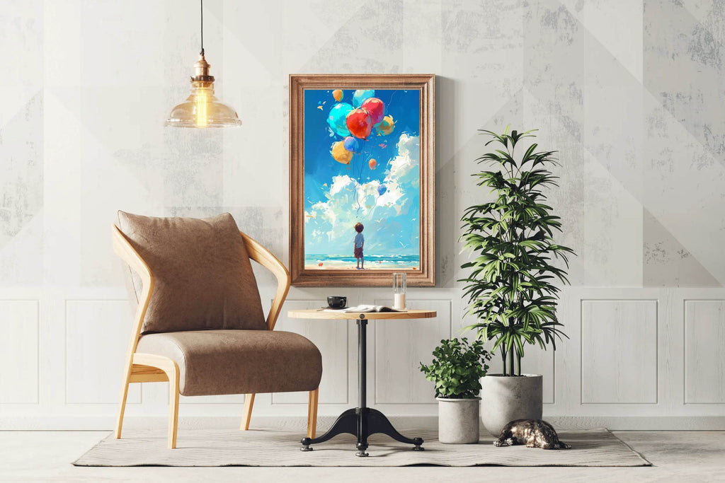 Painting of a Boy Standing Near Sea With Balloons - beink online art store