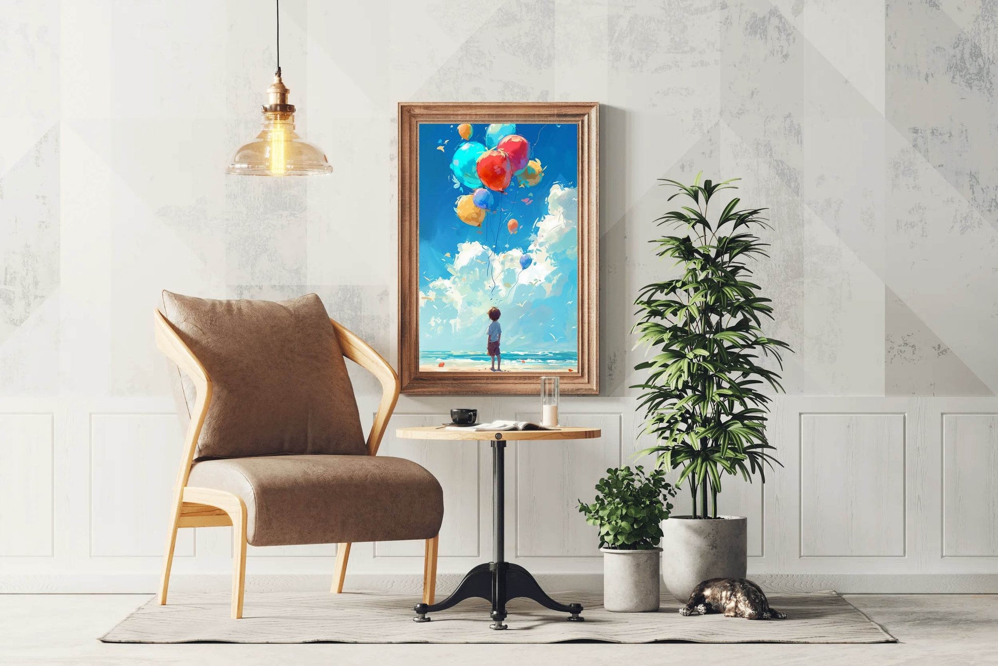 Painting of a Boy Standing Near Sea With Balloons - beink online art store