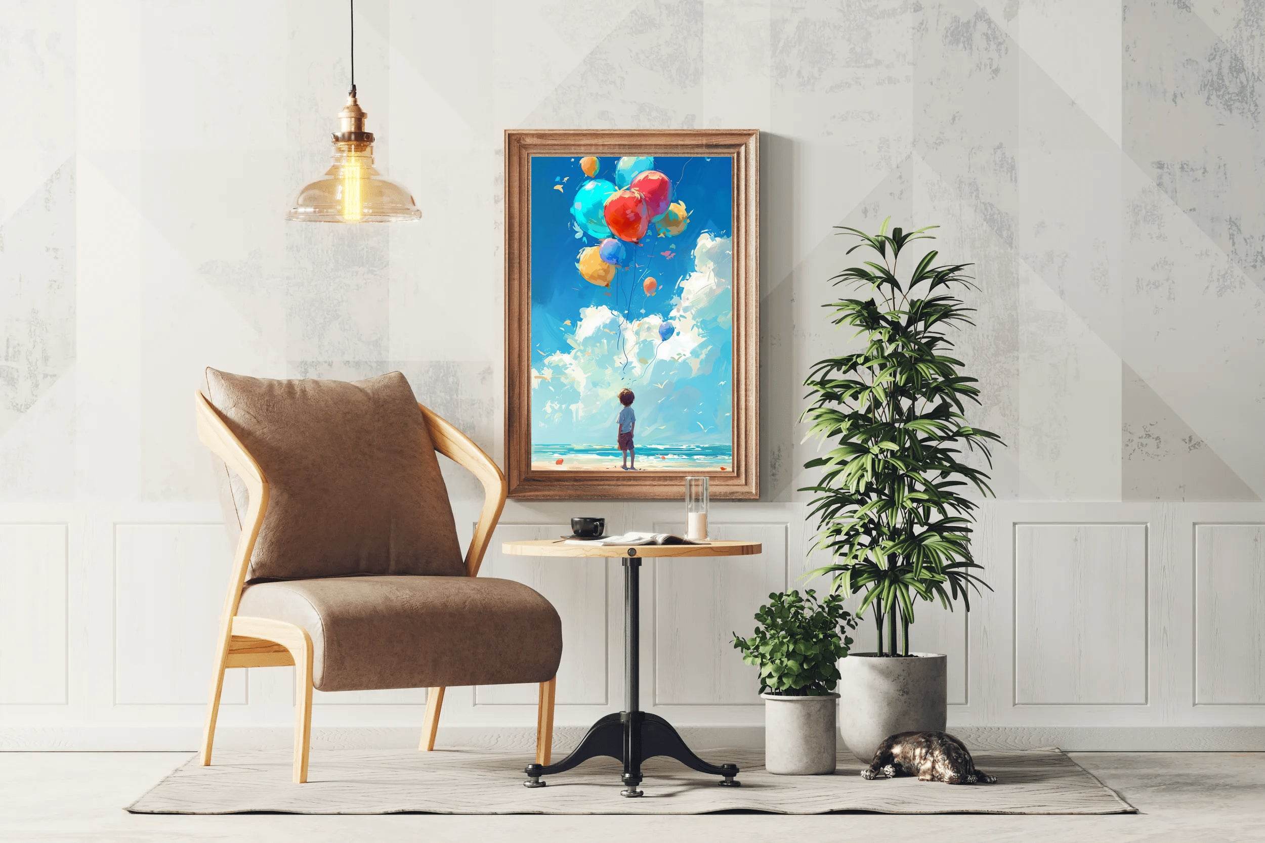 Painting of a Boy Standing Near Sea With Balloons - beink online art store
