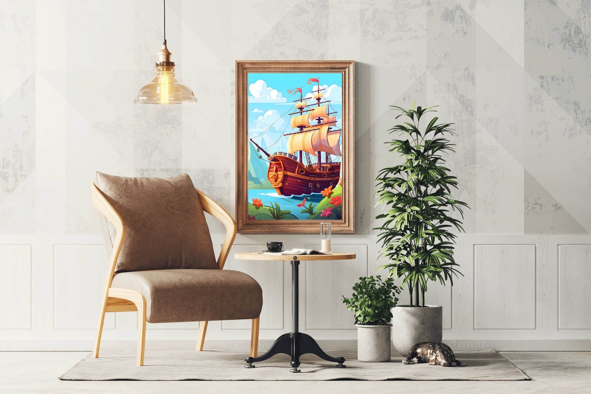 Drawing of Pirate Ship in the Sea - beink online art store