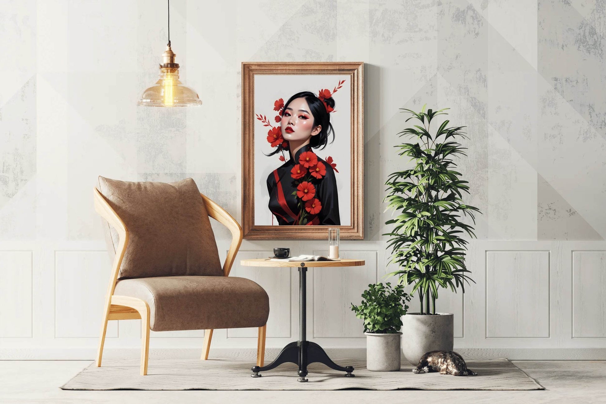 Asian Lady with Traditional Dress with Red flower Wall Art - beink online art store