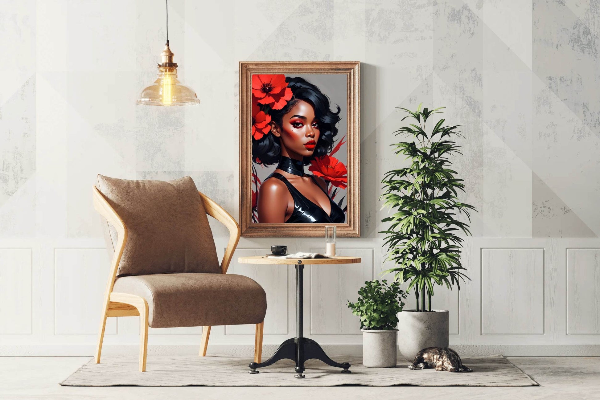 Abstract Style Anime Art of Black Girl with Red Flower Wall Art - beink online art store