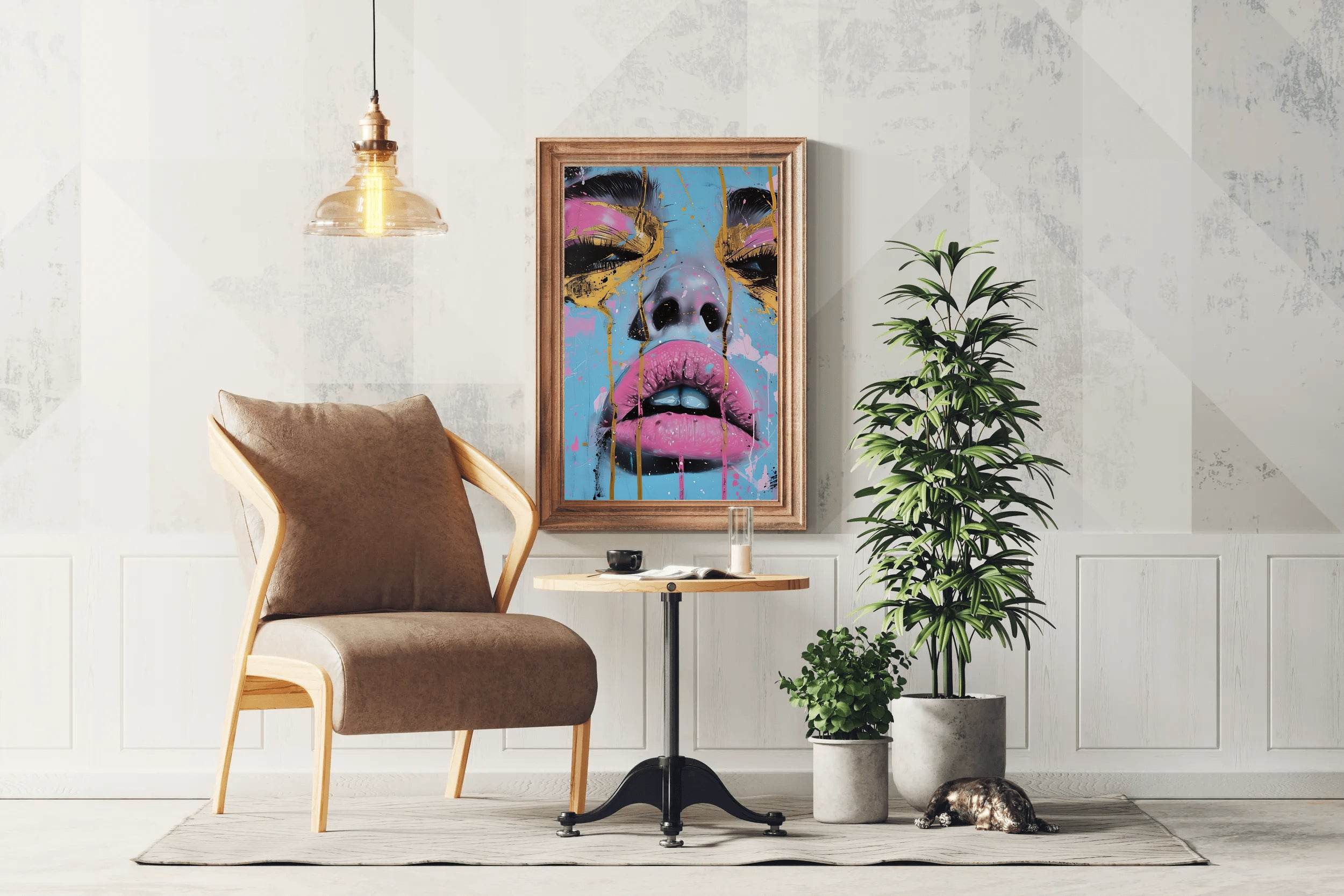 Painting of a Woman with a Tear Drop on her Face with Pink and Gold Wall Art - beink online art store
