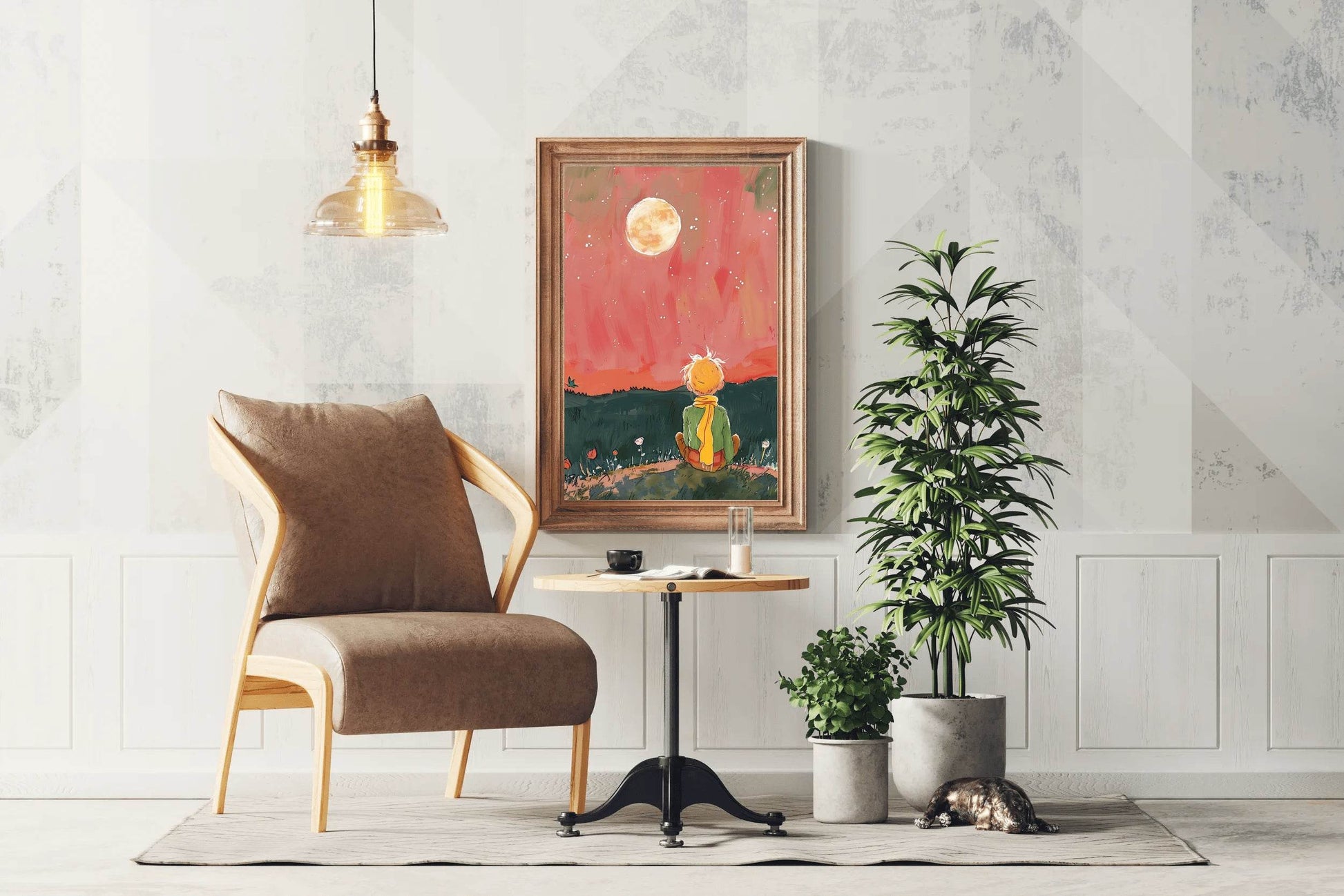 Brushed Illustration of a Boy Watching the Moon - beink online art store