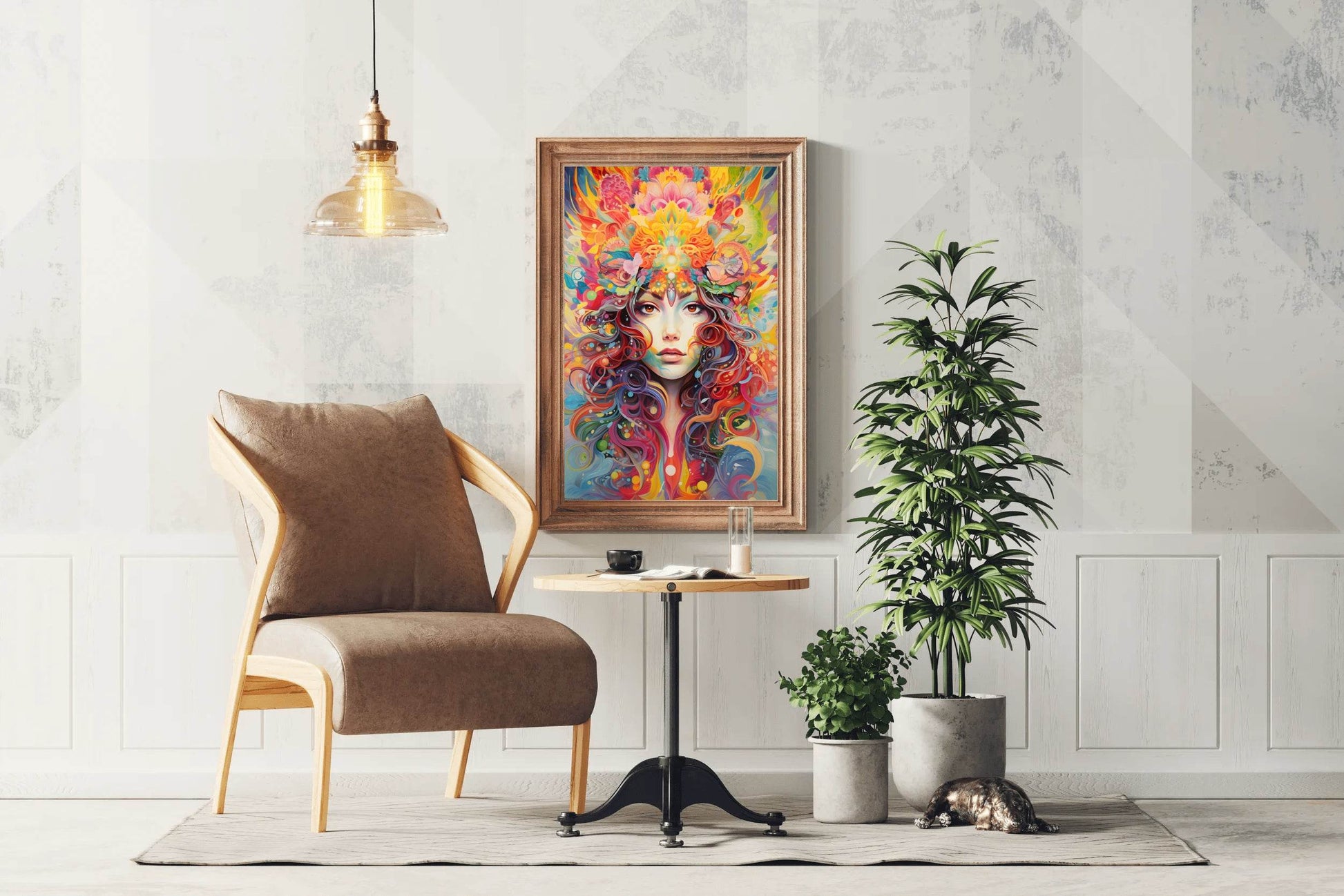 Painting of a Woman with a Colorful Headpiece and Flowers in Her Hair - beink online art store
