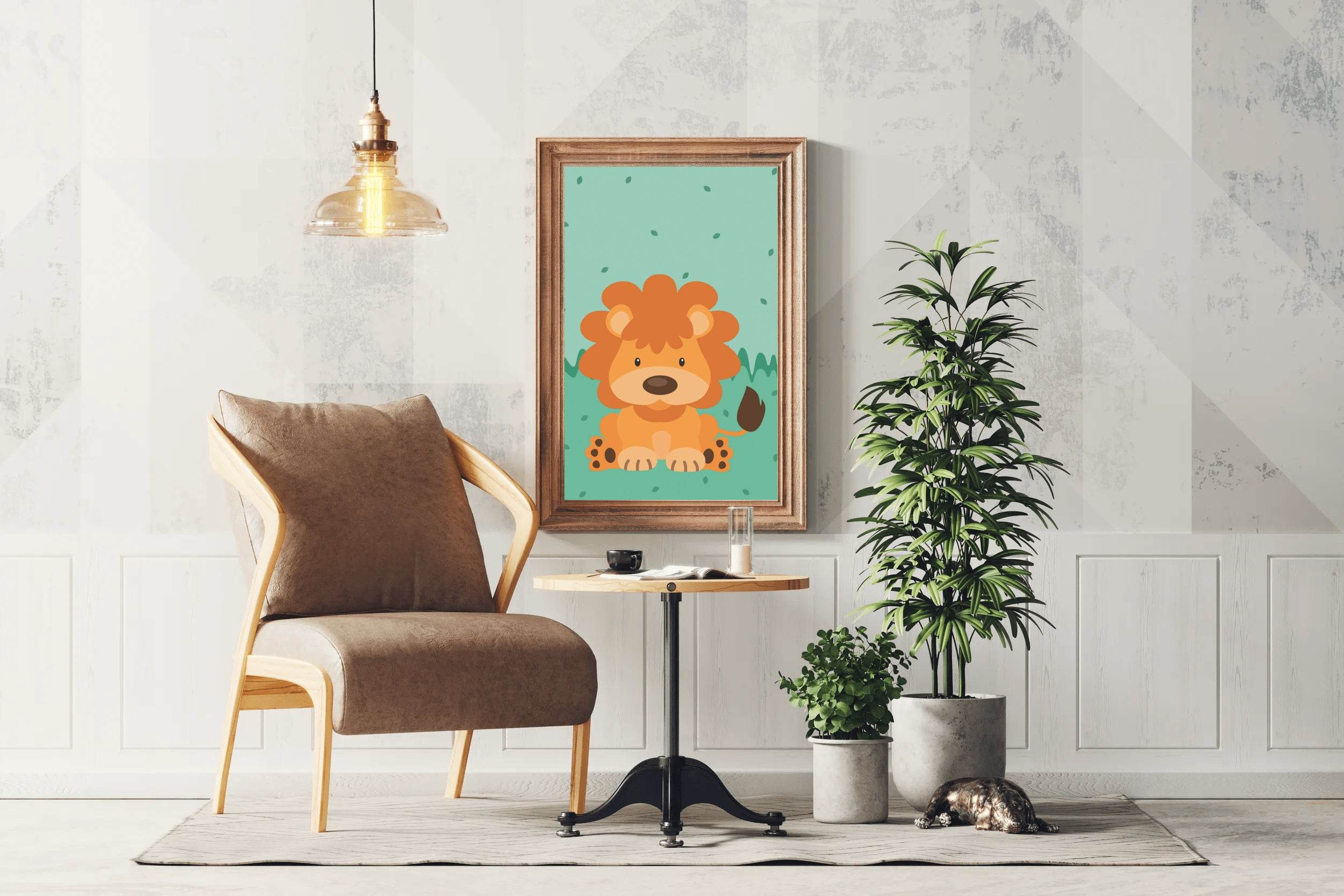 Cartoonish Little Lion Sitting on Grass - beink online art store