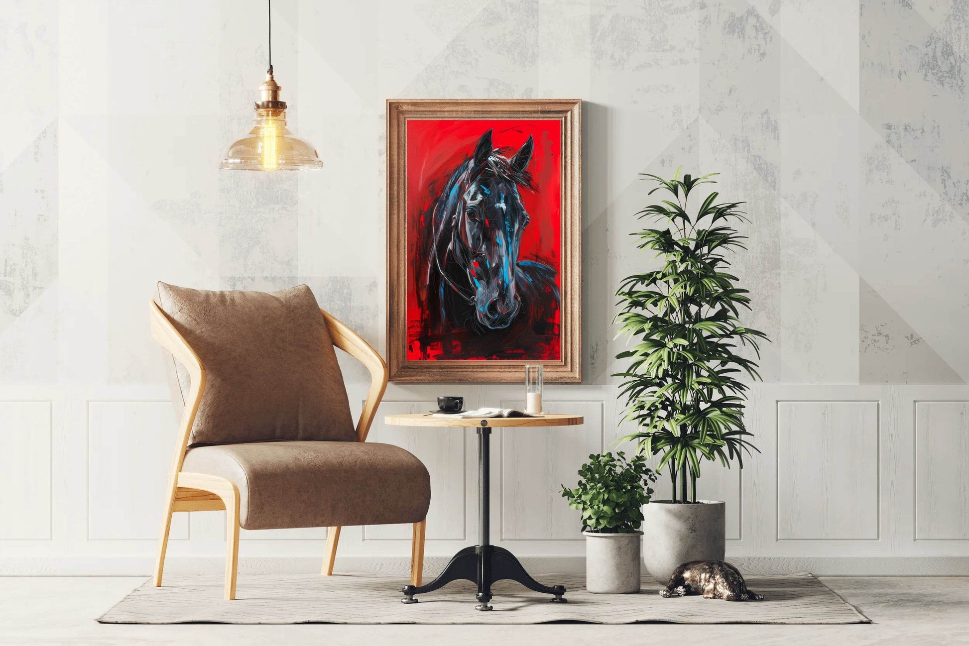 Painting of Black Horse With Red Background - beink online art store