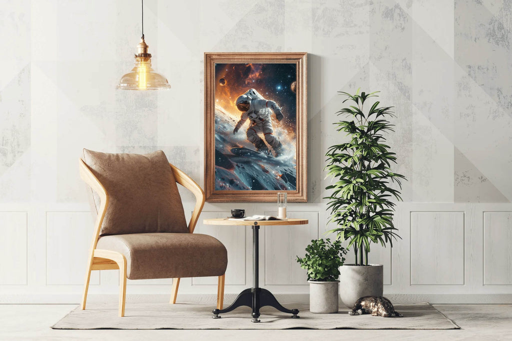 astronauts surfing on a surfboard in space with stars on planet Wall Art - beink online art store