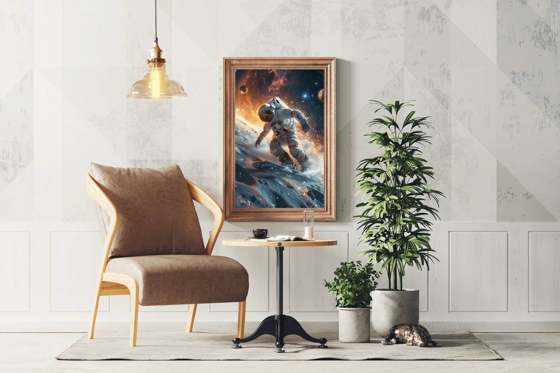 astronauts surfing on a surfboard in space with stars on planet Wall Art - beink online art store