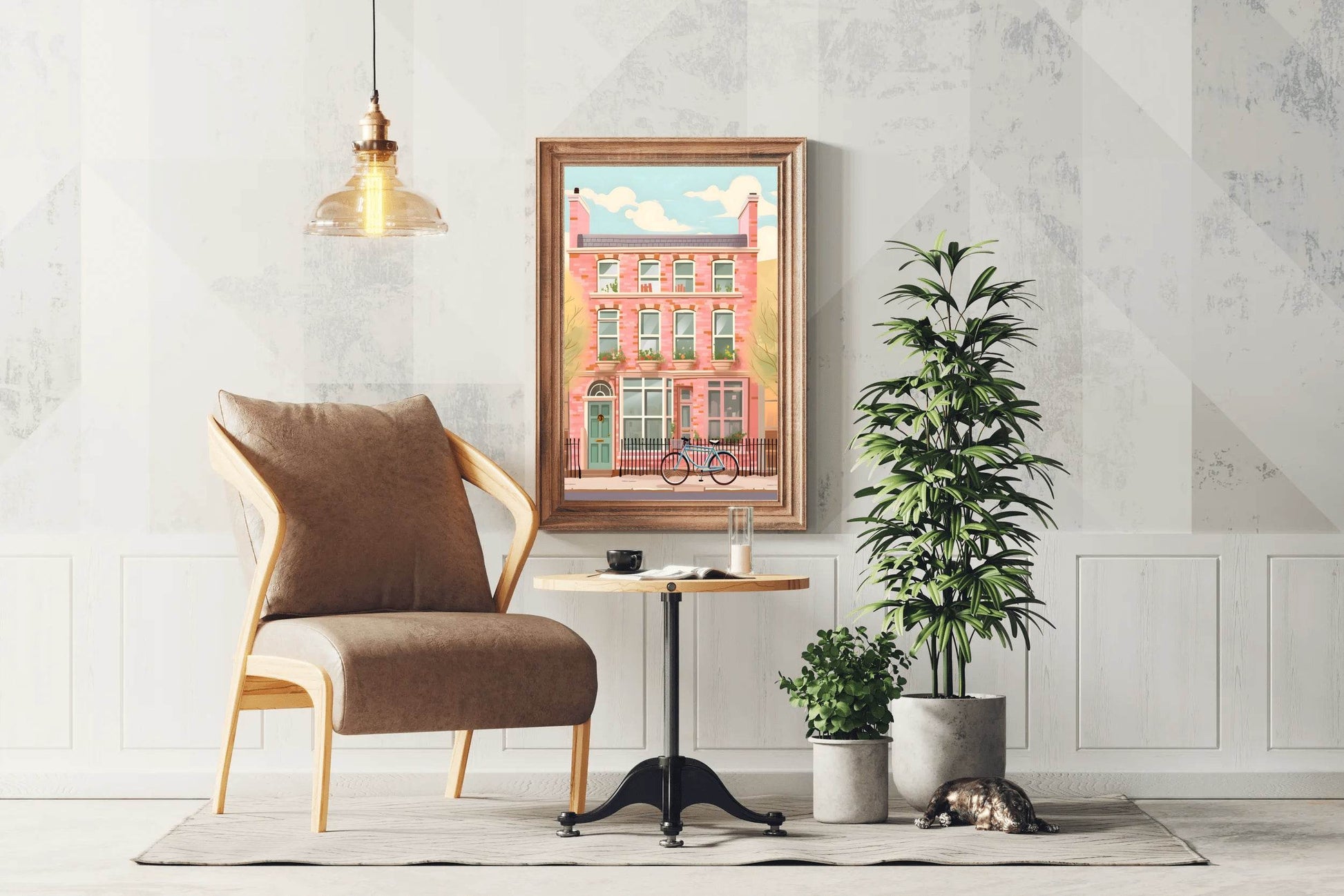 Pink House Painting with Bicycle Wall Art - beink online art store