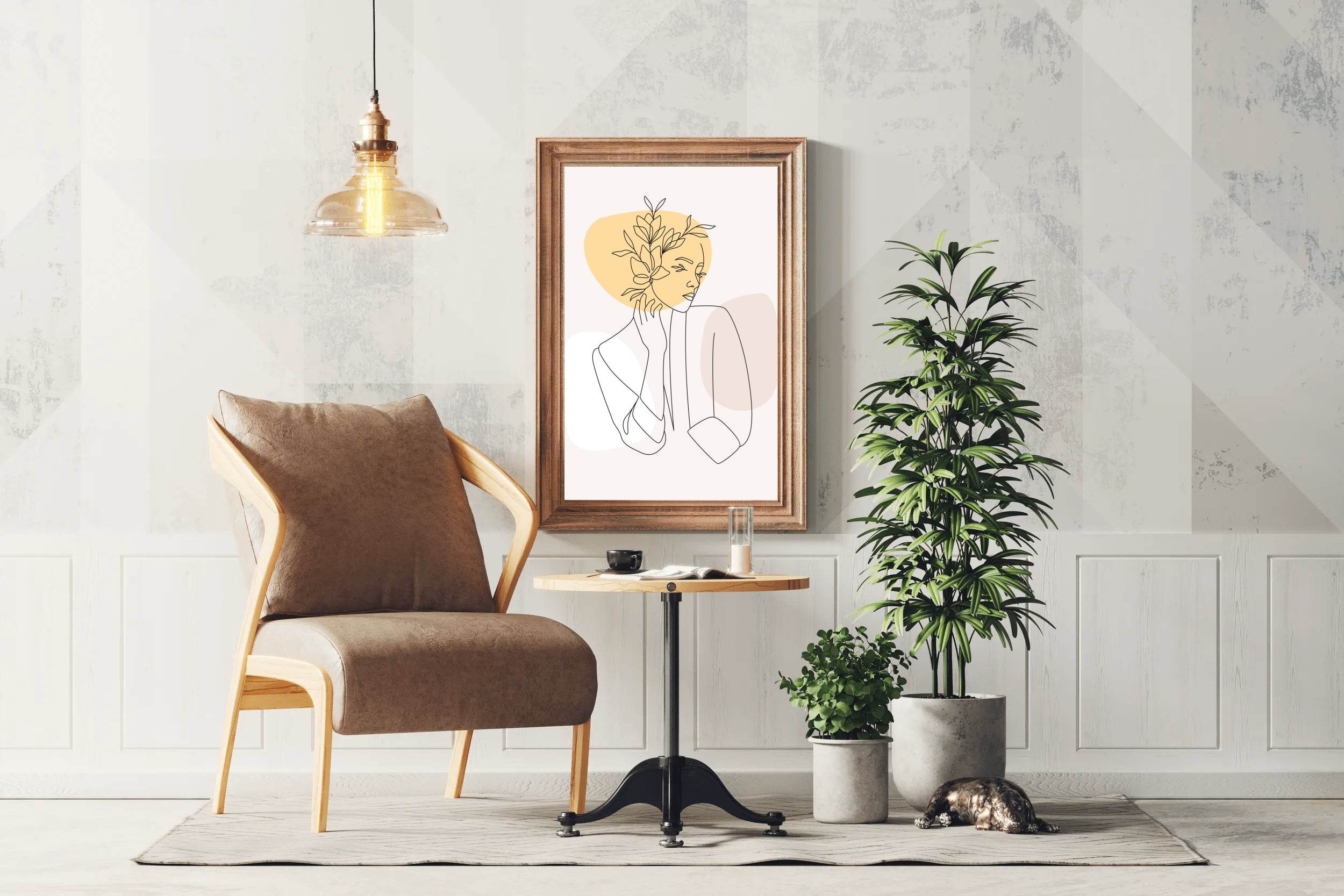 Line Art of Beautiful Woman's Face and Flowers - beink online art store