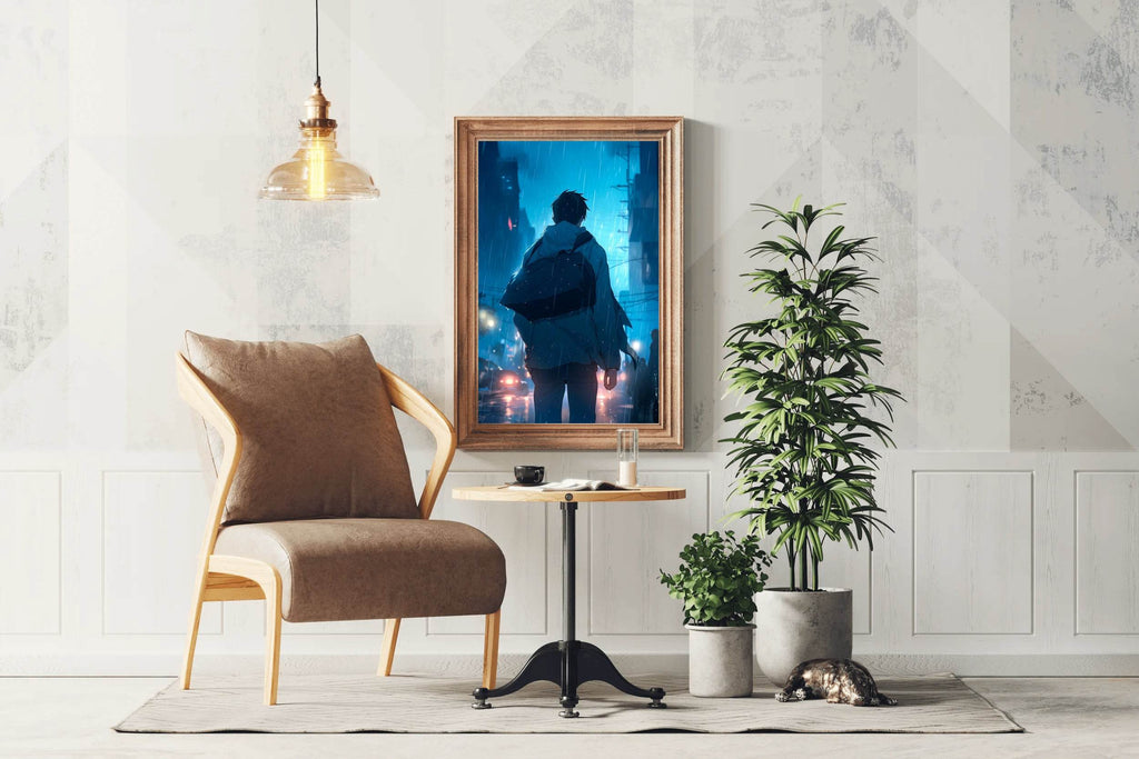 A Person in the rain Anime Boy Standing in Rain Anime Wall Art - beink online art store