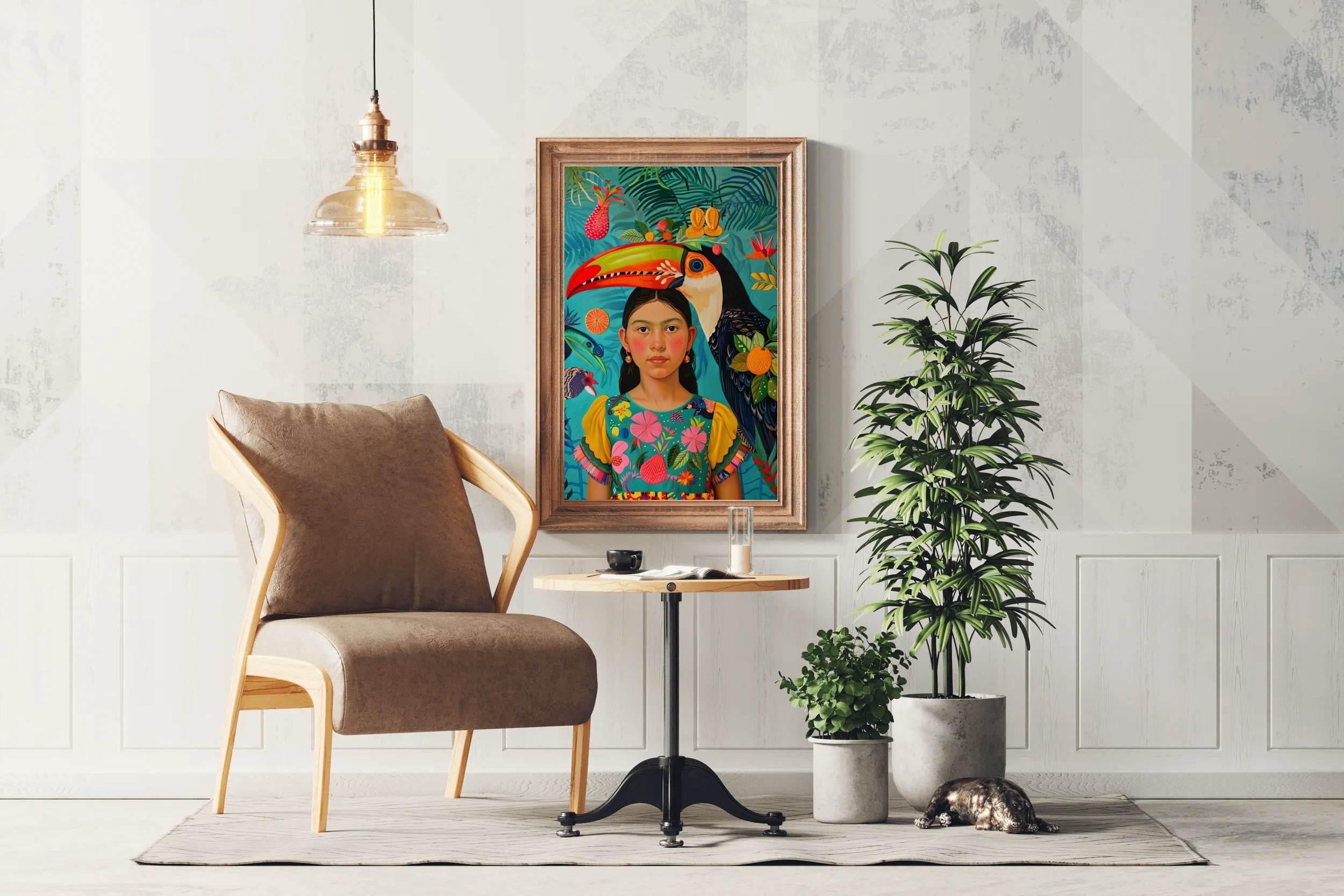 Girl and Macaw in Tropical Rain Forest Art - beink online art store