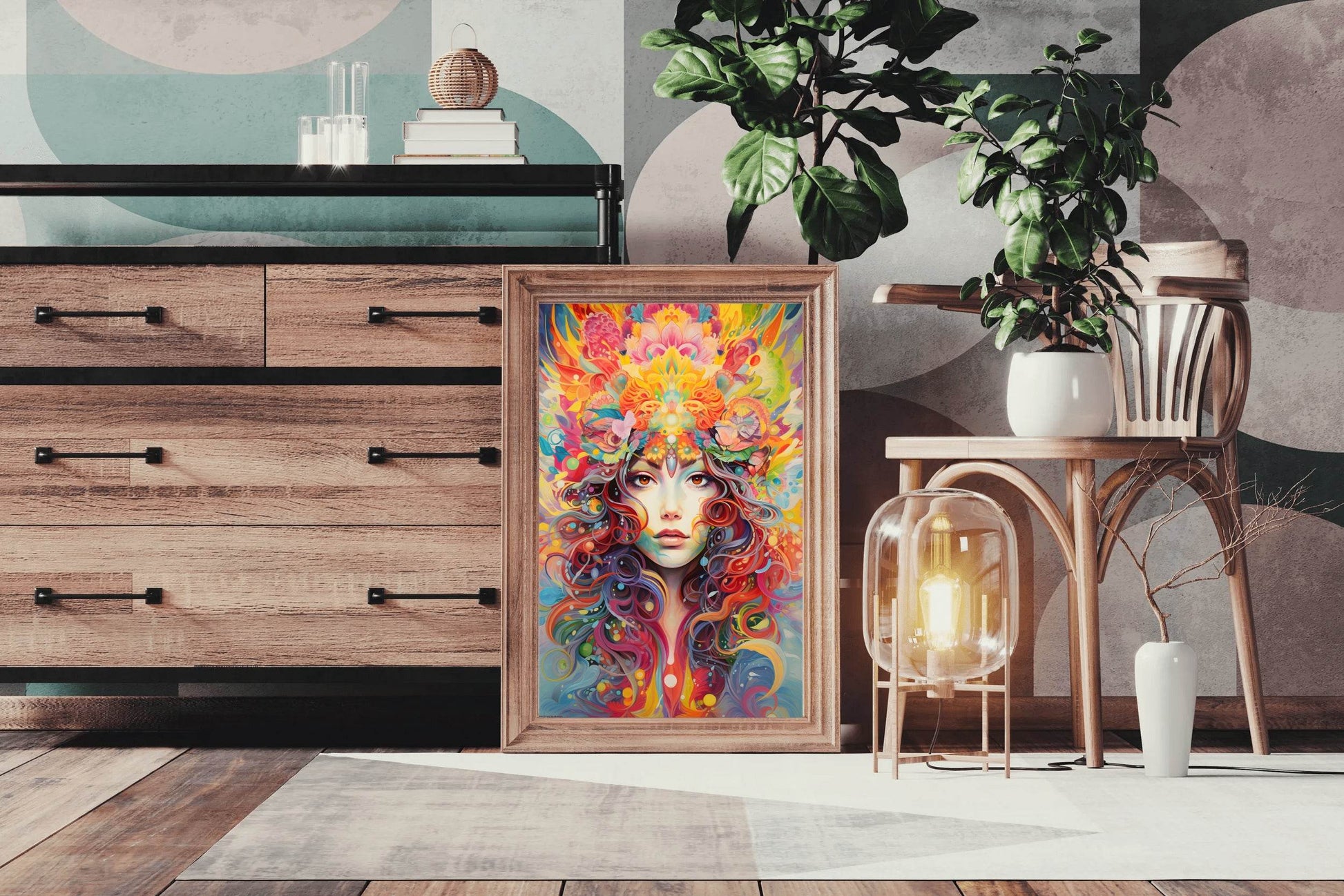 Painting of a Woman with a Colorful Headpiece and Flowers in Her Hair - beink online art store