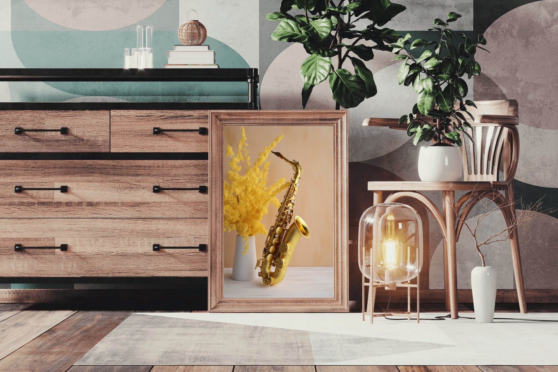 Golden Saxophone Next To Yellow Flowers Wall Art - beink online art store